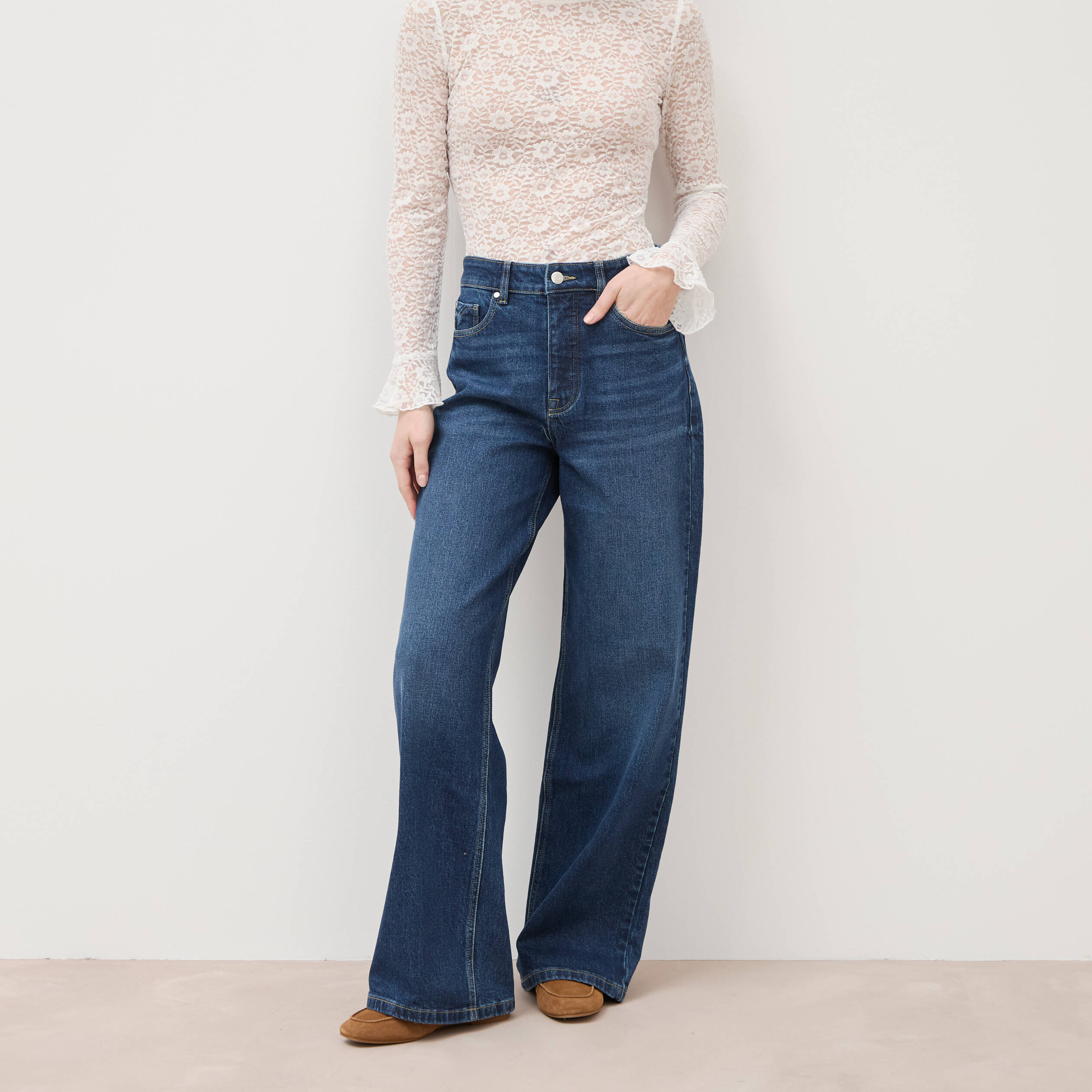Jeans large taille haute denim brut femme