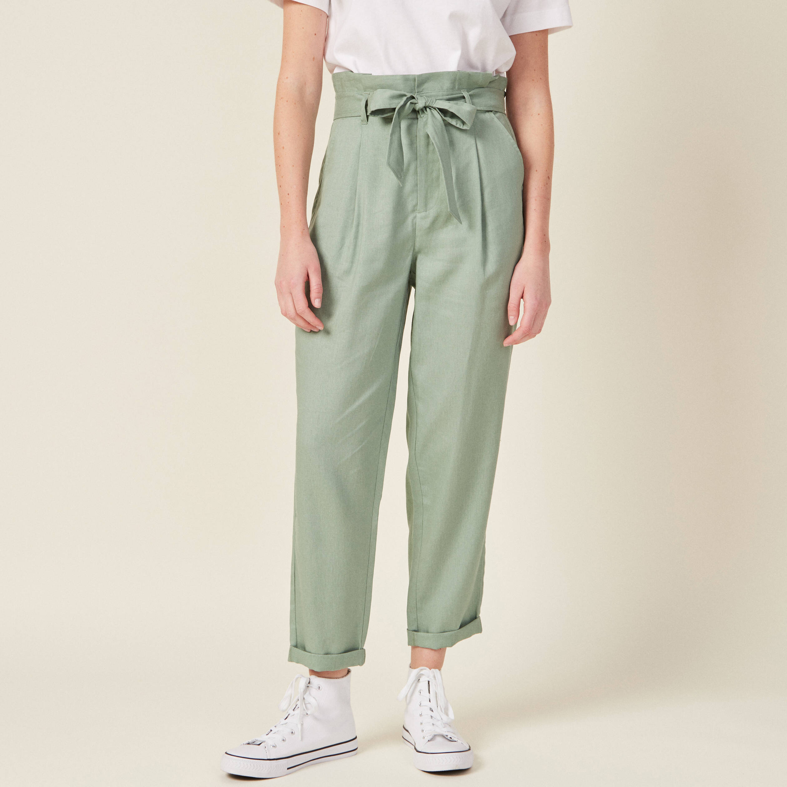 Pantalon large fluide ceinturé en lin vert menthe fille | La Halle