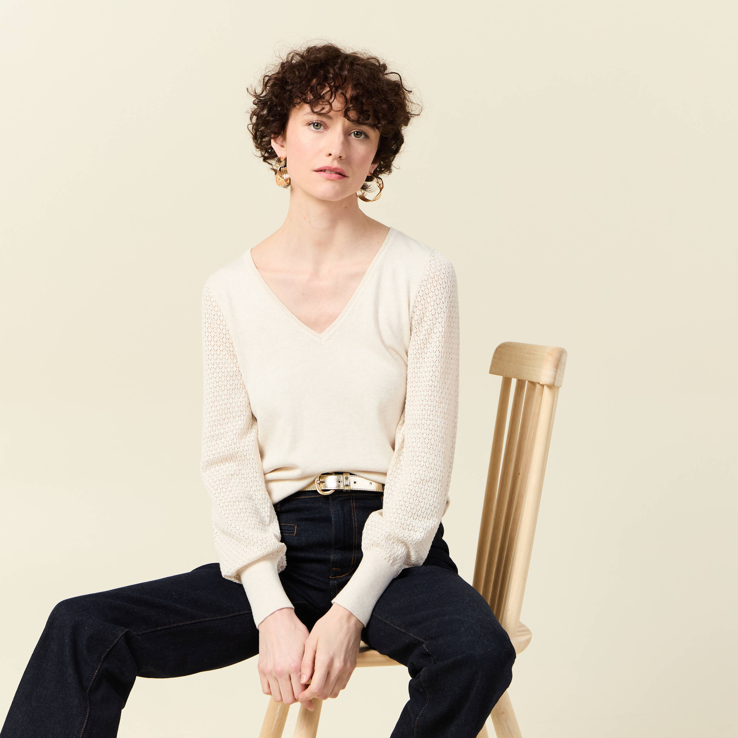 Pull manches longues creme femme