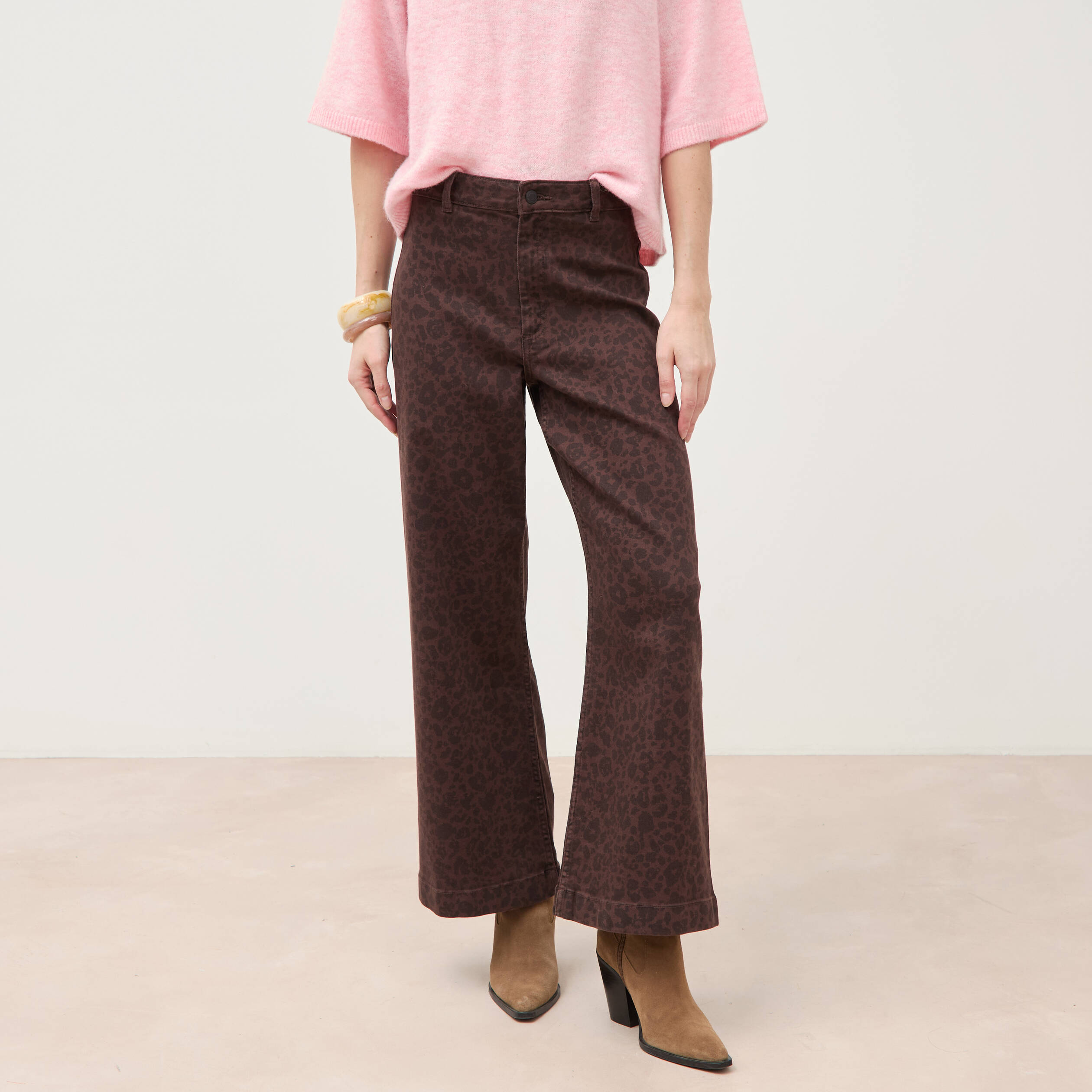 Jeans large cropped taille haute marron chocolat femme