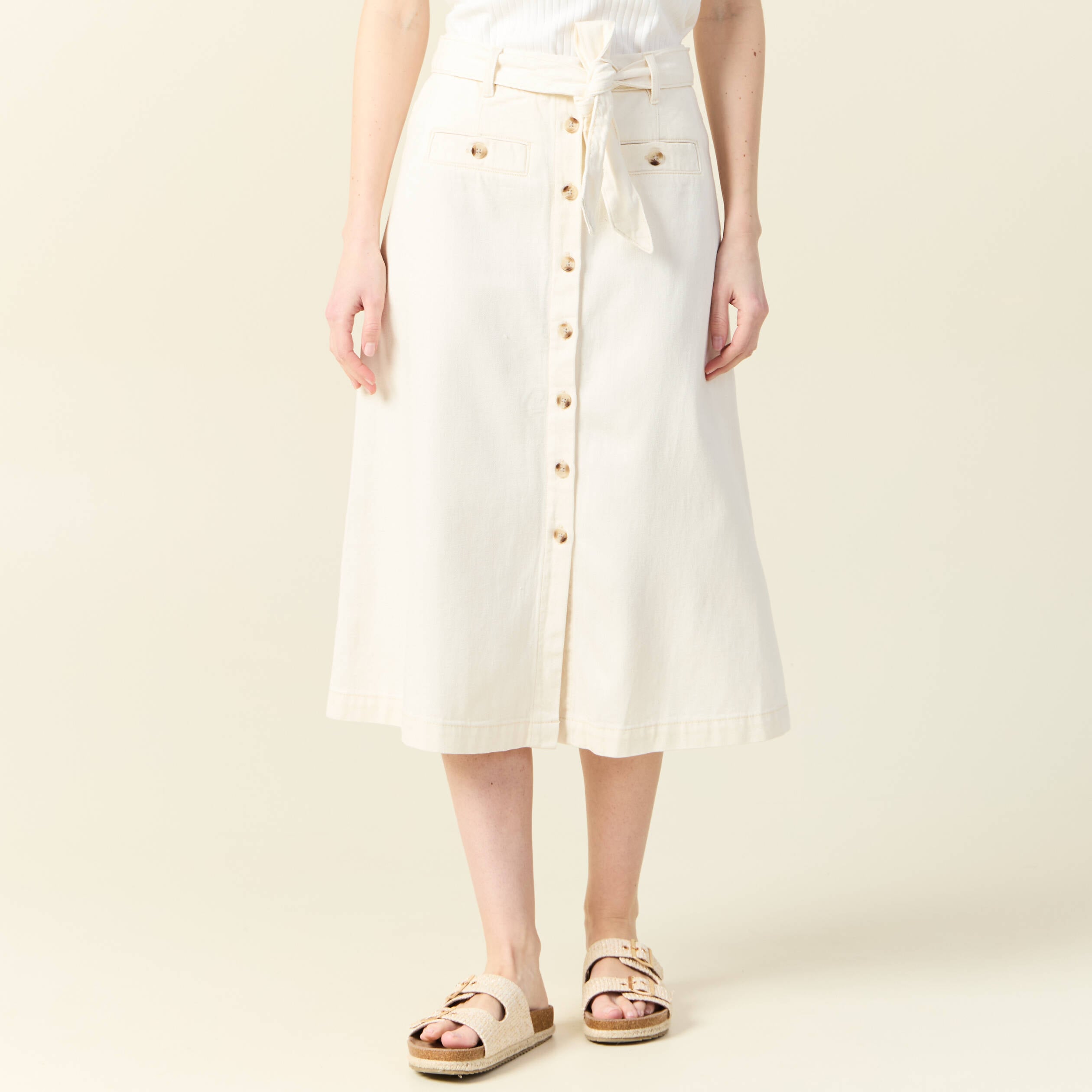 Jupe midi trap&egrave;ze denim blanc femme