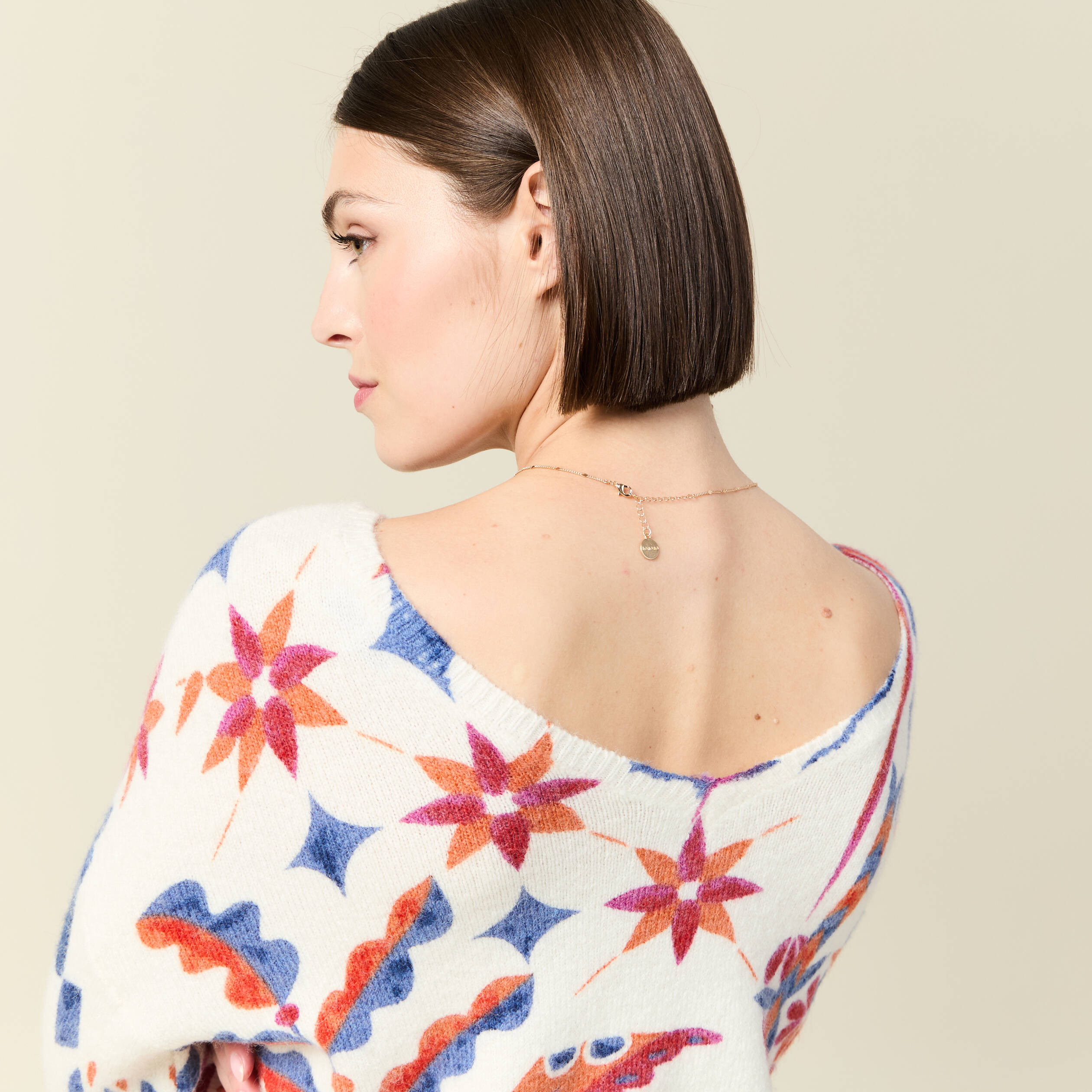 Pull col rond manches longues ecru femme