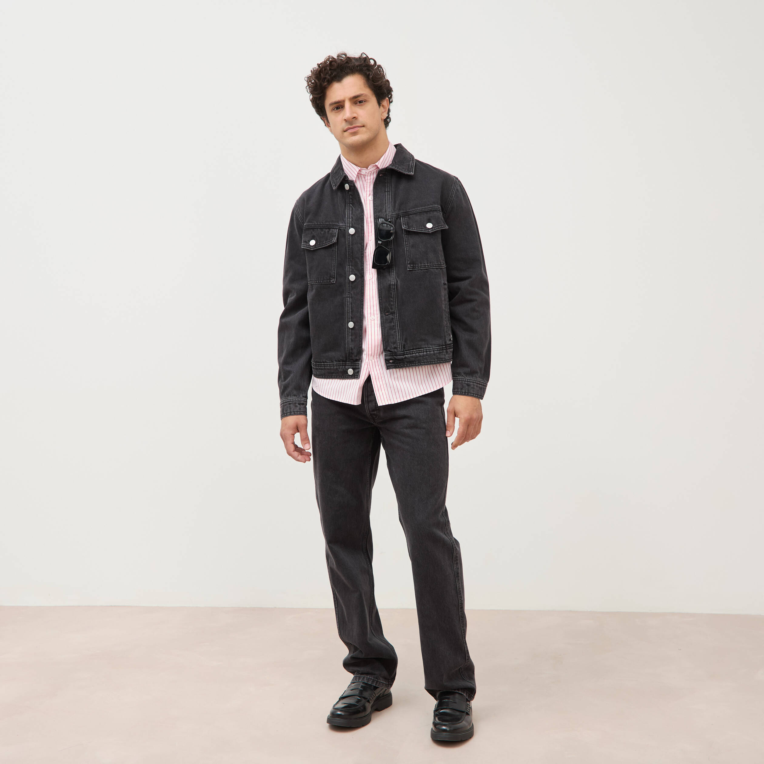 Veste droite en coton col classique denim noir homme