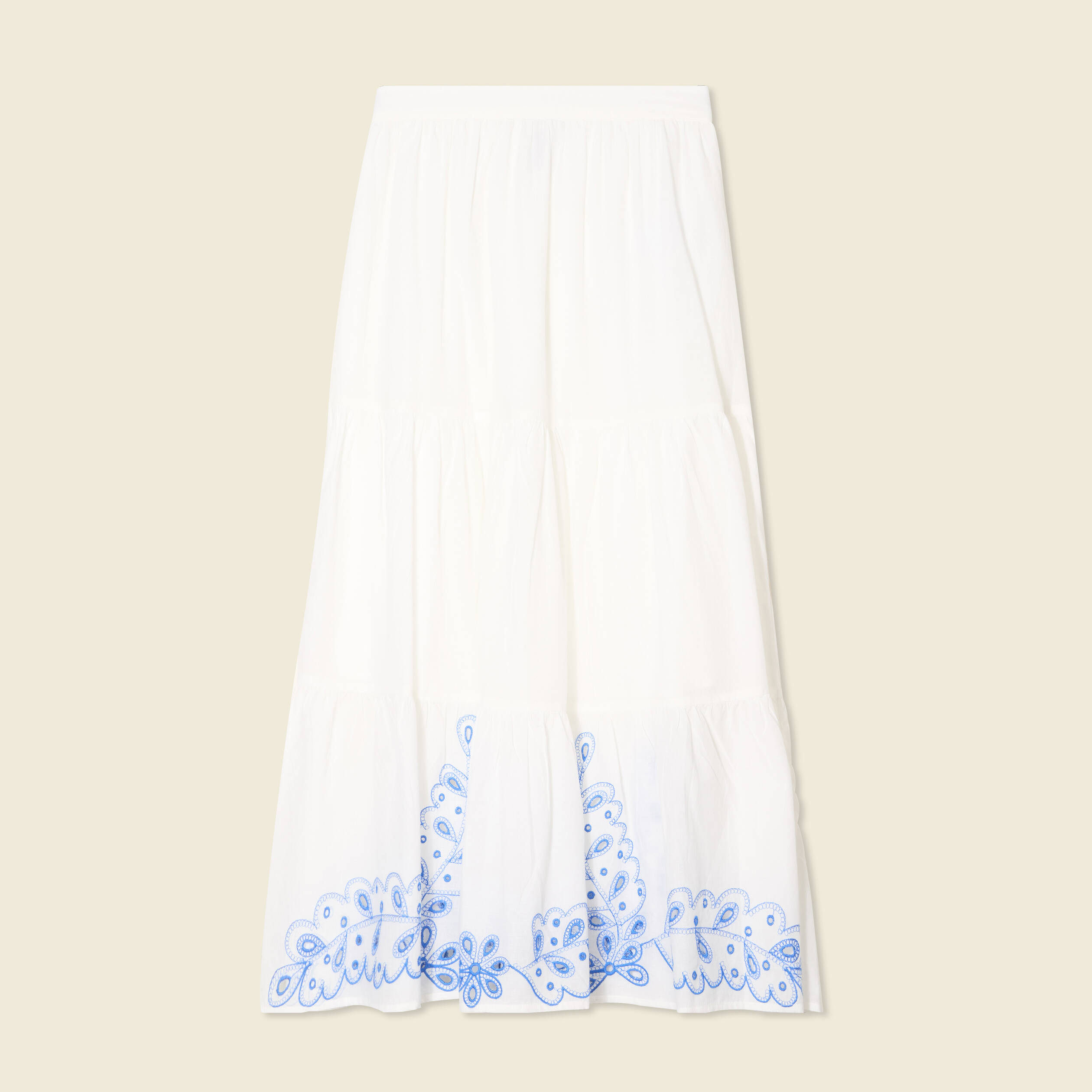 Jupe Femme TU – Blanche à Broderies Bleues, Taille 14, Coton, Ligne A
