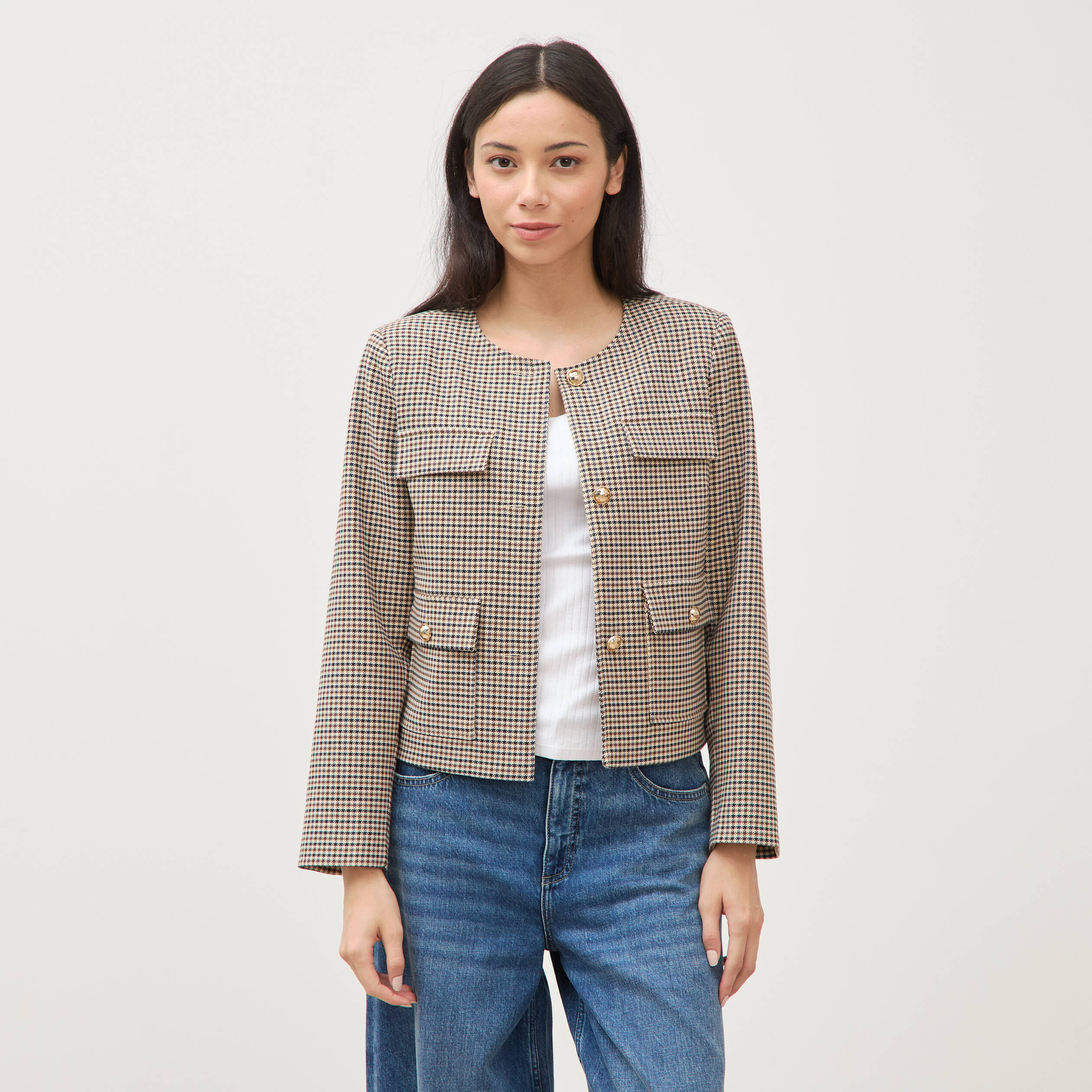 Veste &agrave; carreaux manches longues marron femme