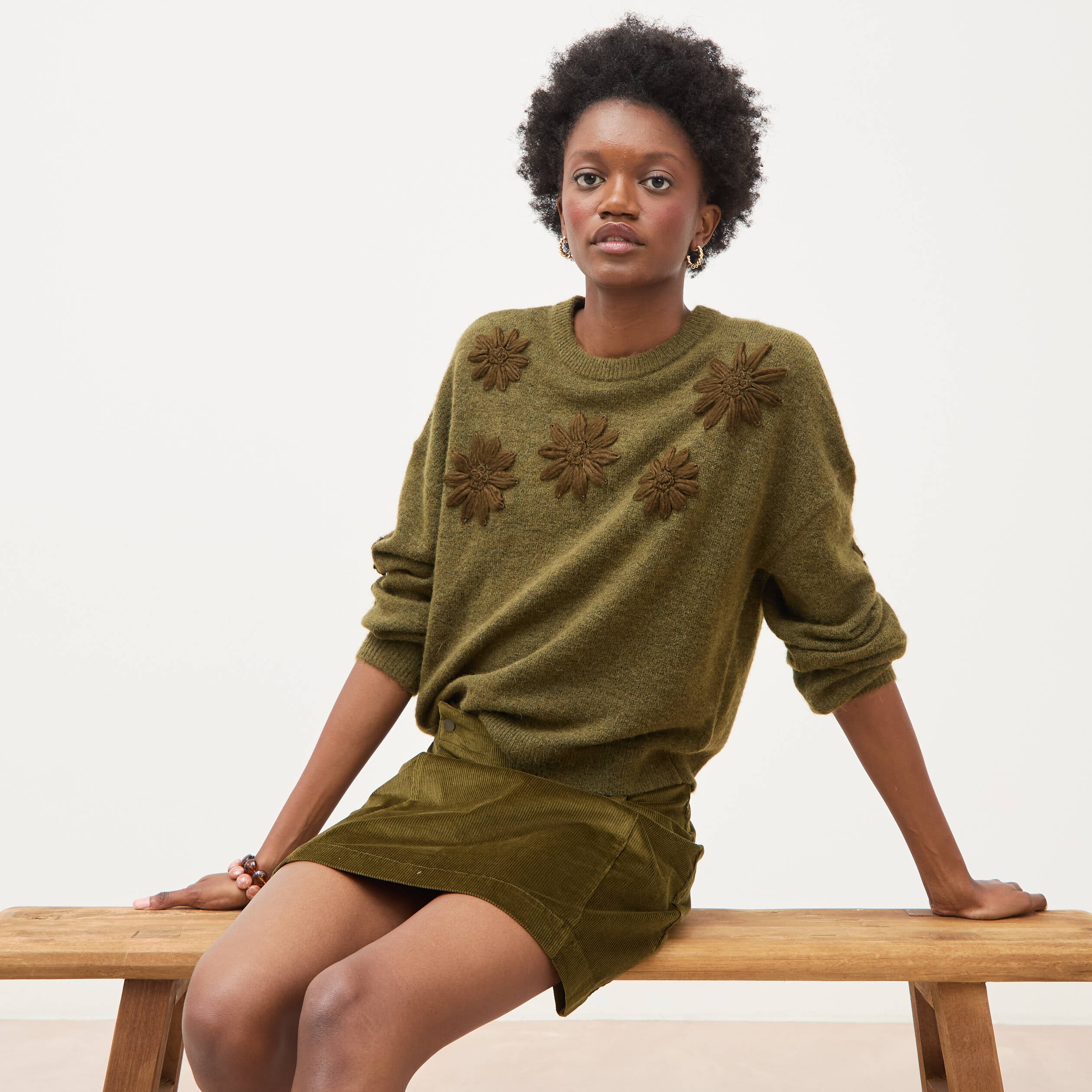 Pull manches longues col rond vert olive femme