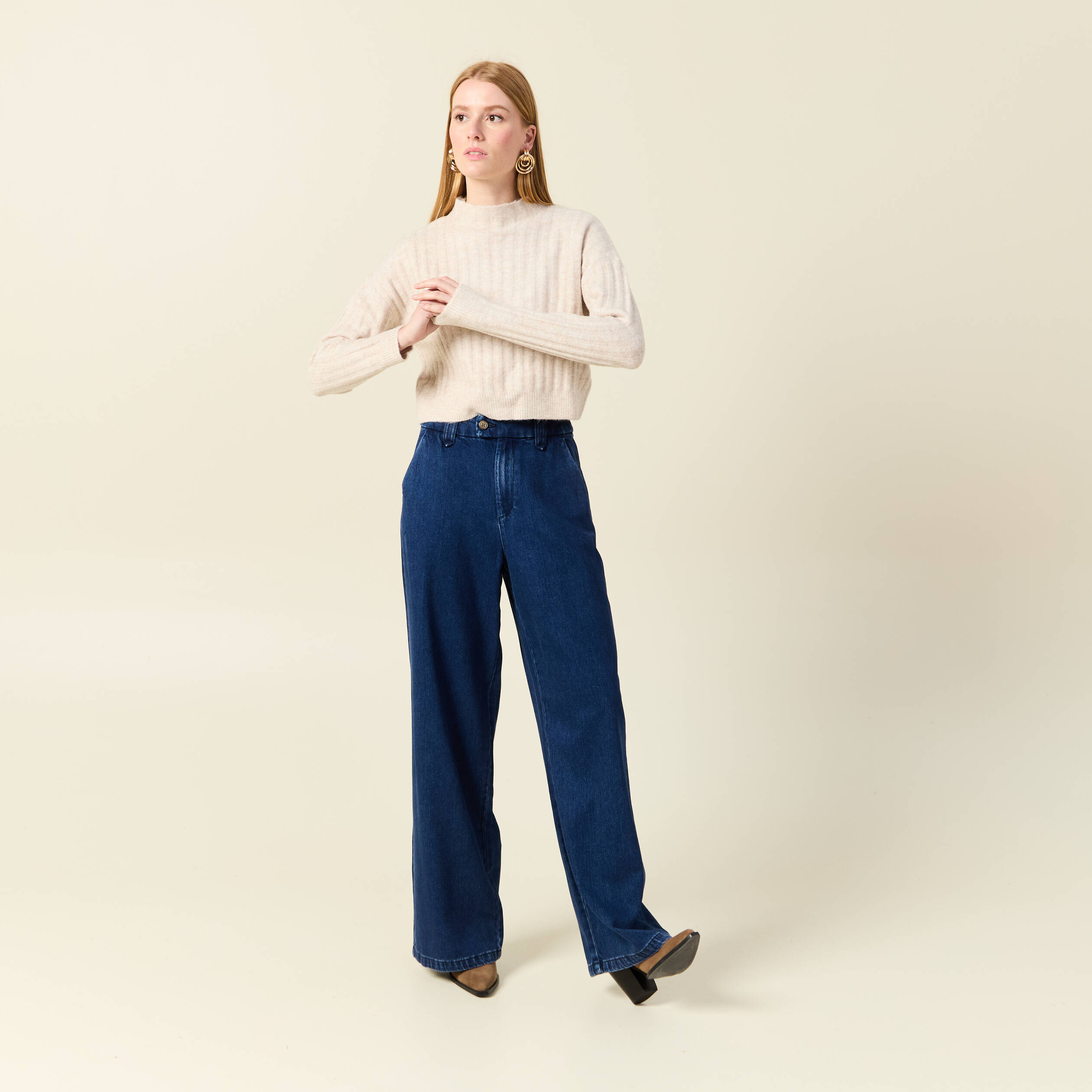 Pull manches longues cropped creme femme
