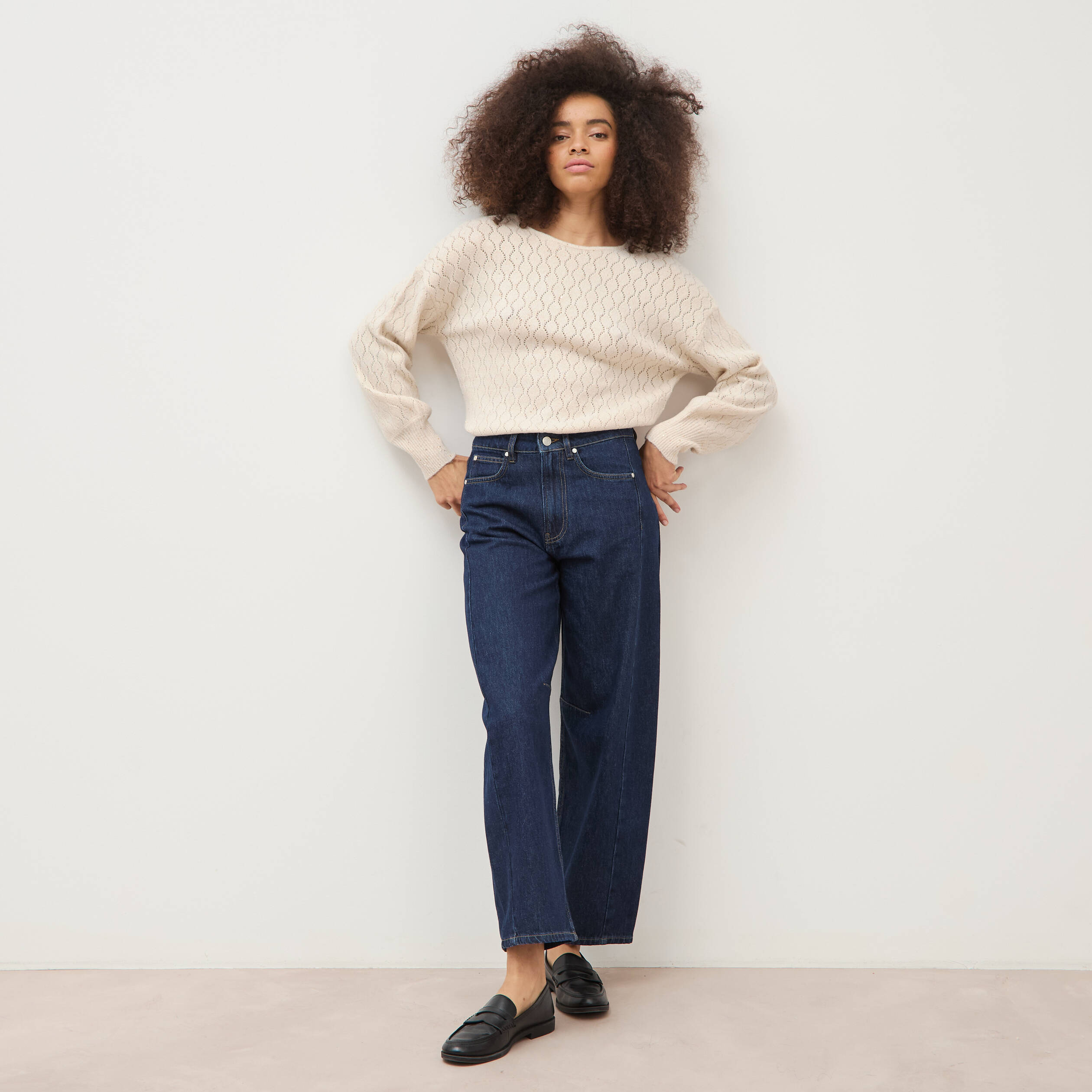 Jeans barrel taille haute broderie denim brut clean femme