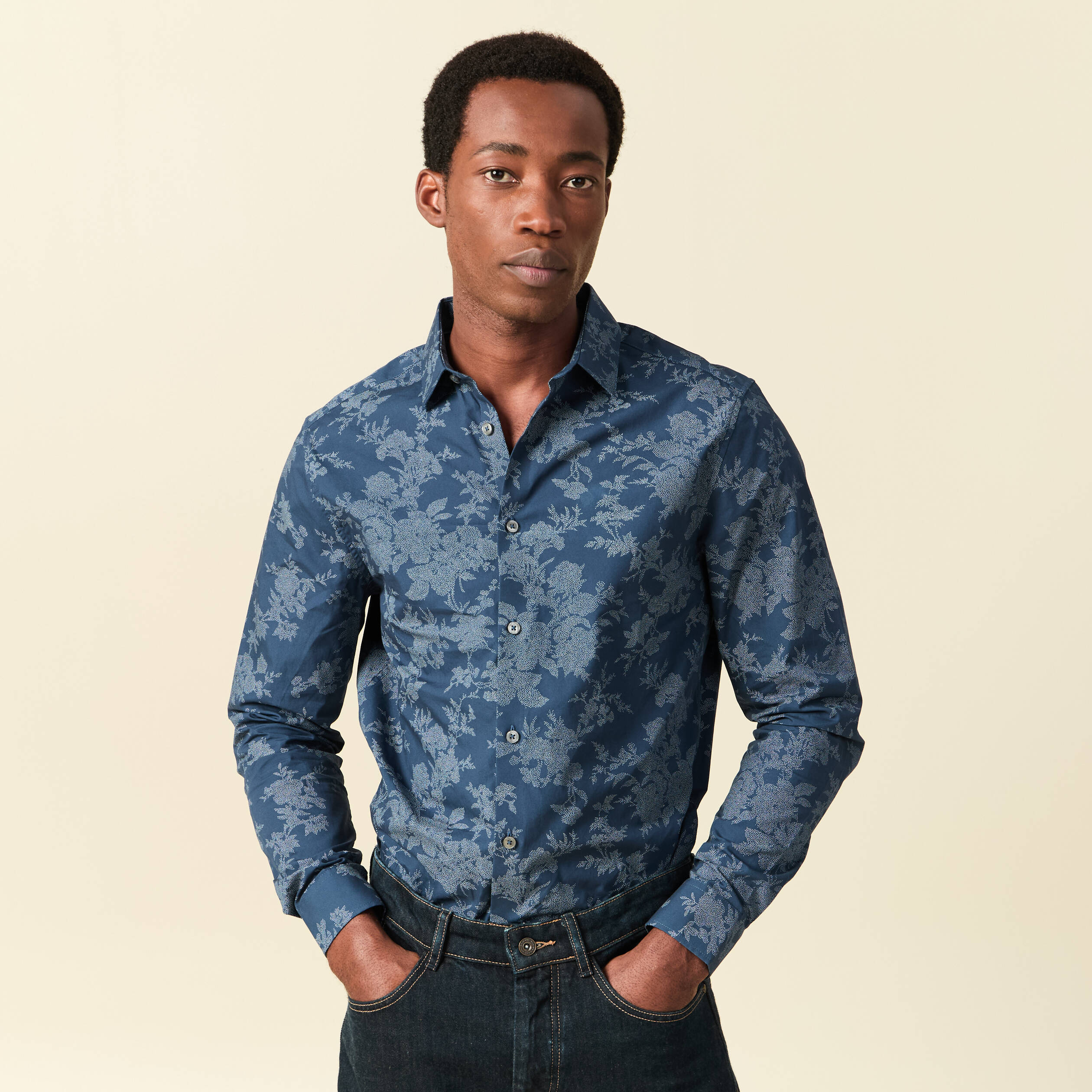 Chemise en coton manches longues bleu marine homme