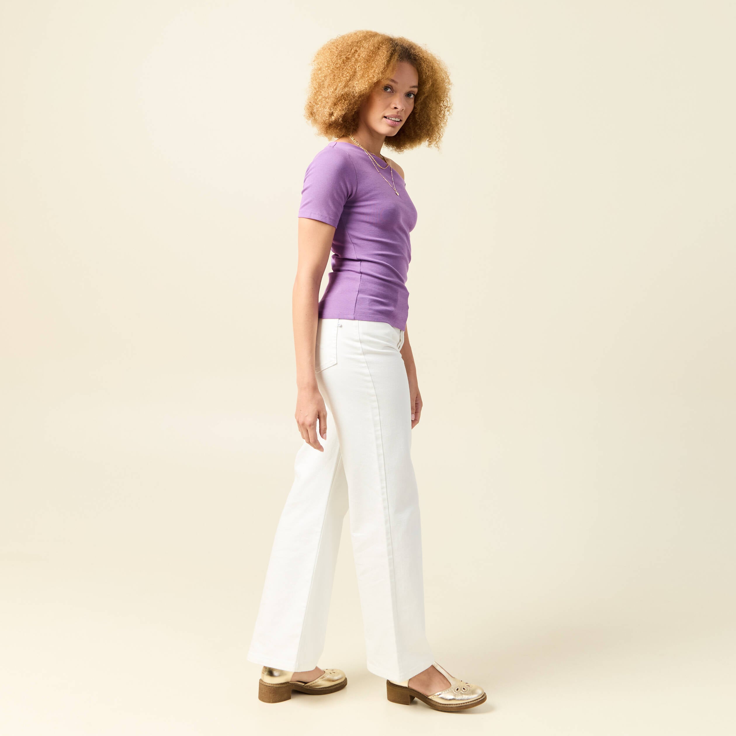 T-shirt asym&eacute;trique manches courtes violet femme