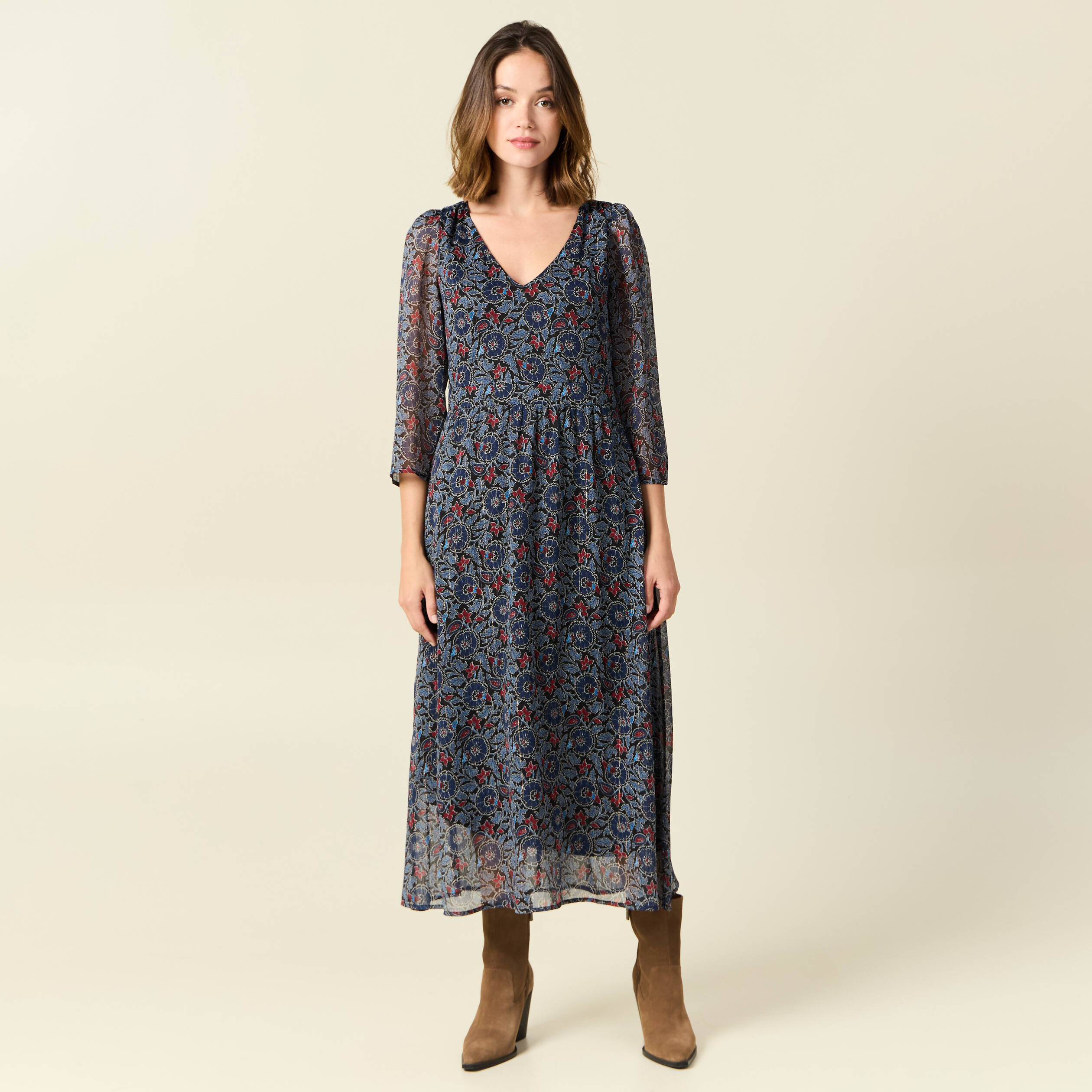robe longue evasee col en v noir femme Robe longue évasée col en V noir femme