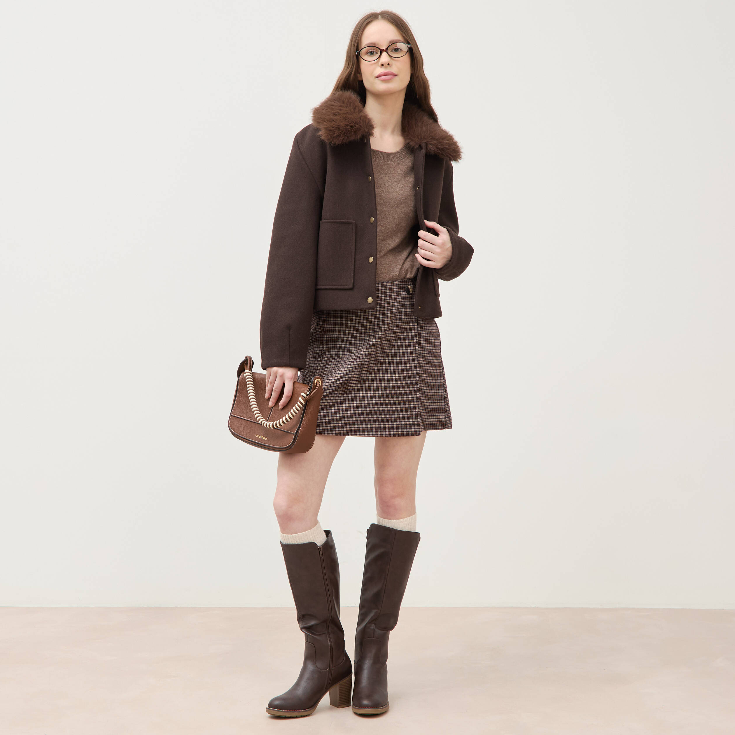 Pull col rond manches longues marron femme