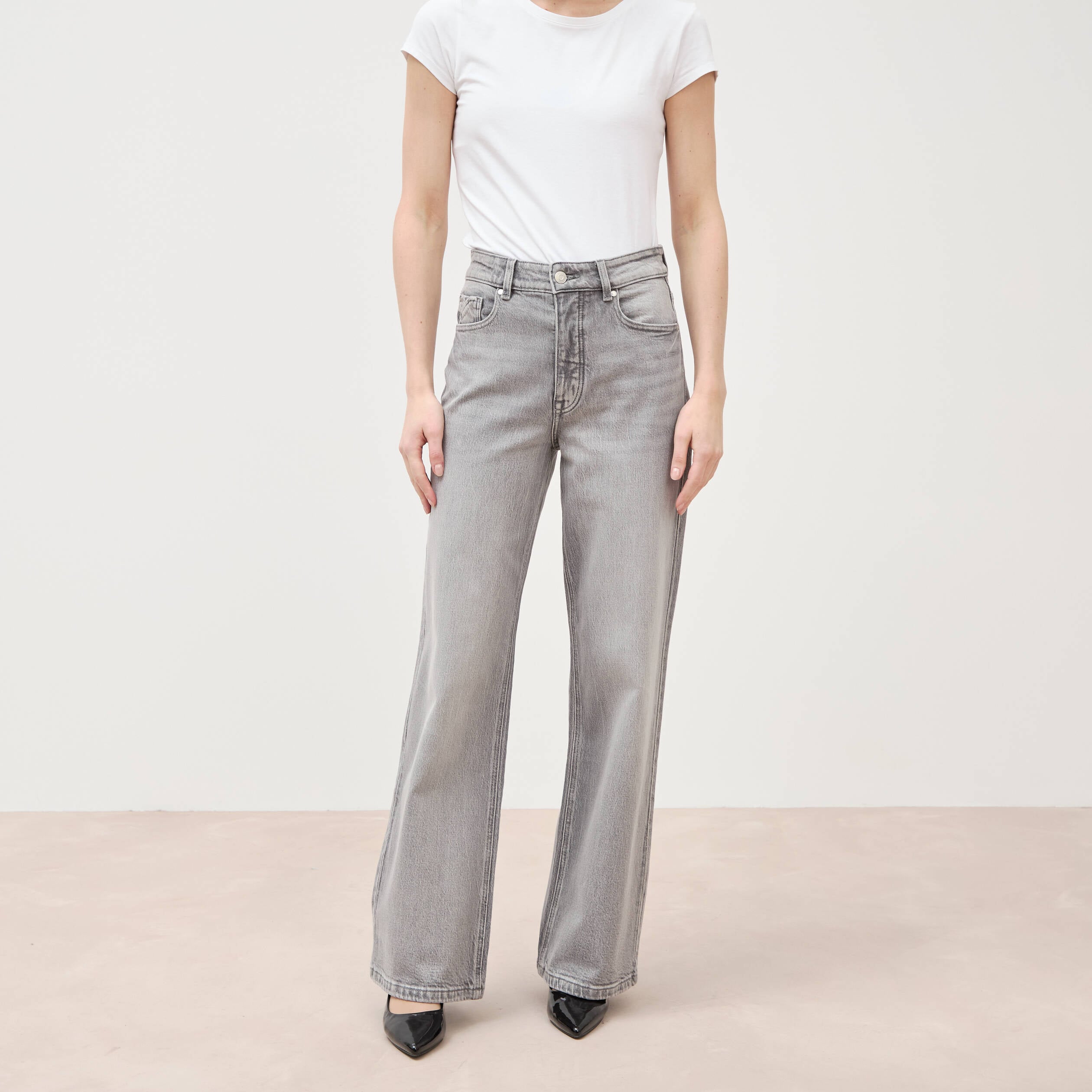 Jeans large taille haute denim gris femme