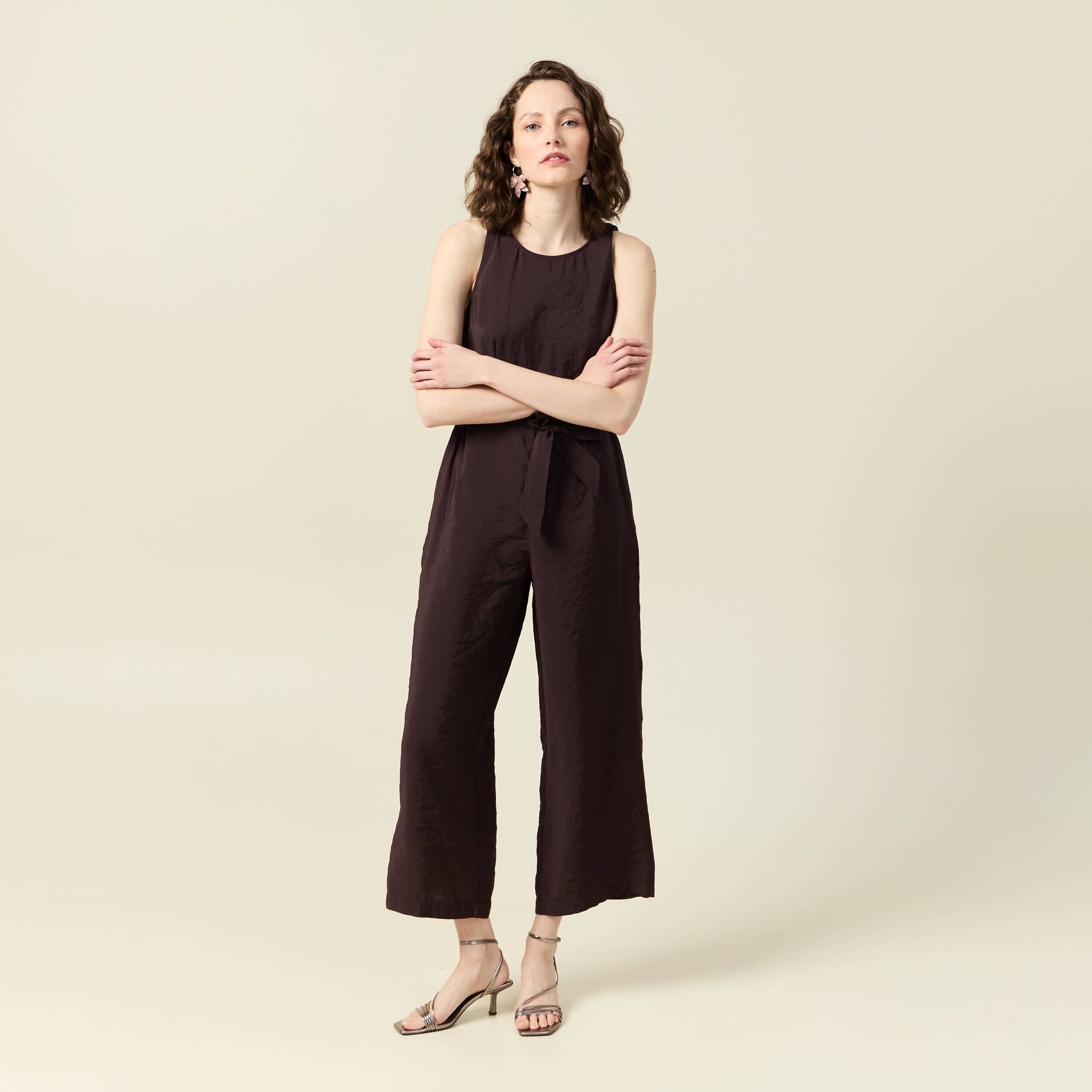 Combinaison pantalon large marron fonc&eacute; femme