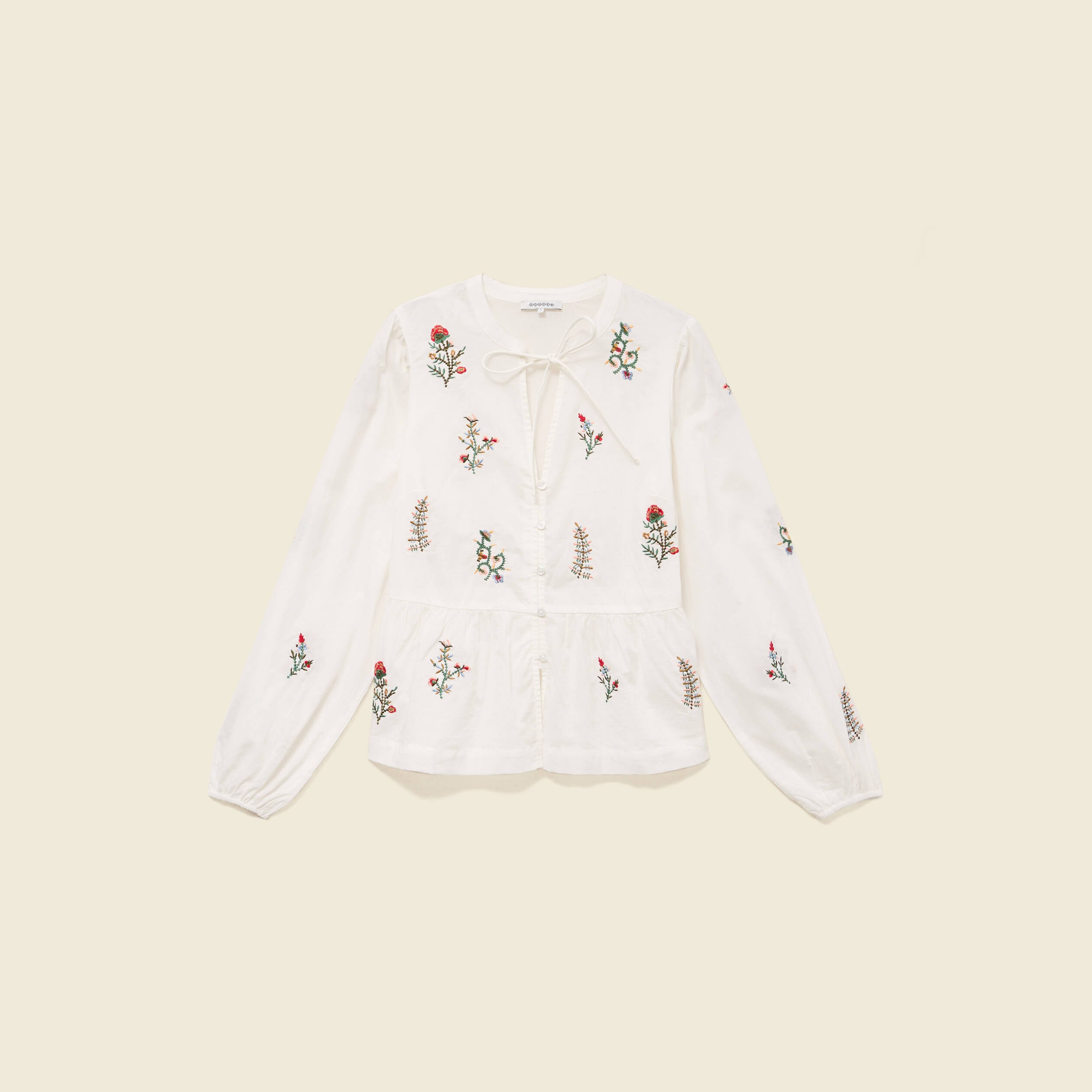 Chemise brod&eacute;e en coton manches longues ecru femme