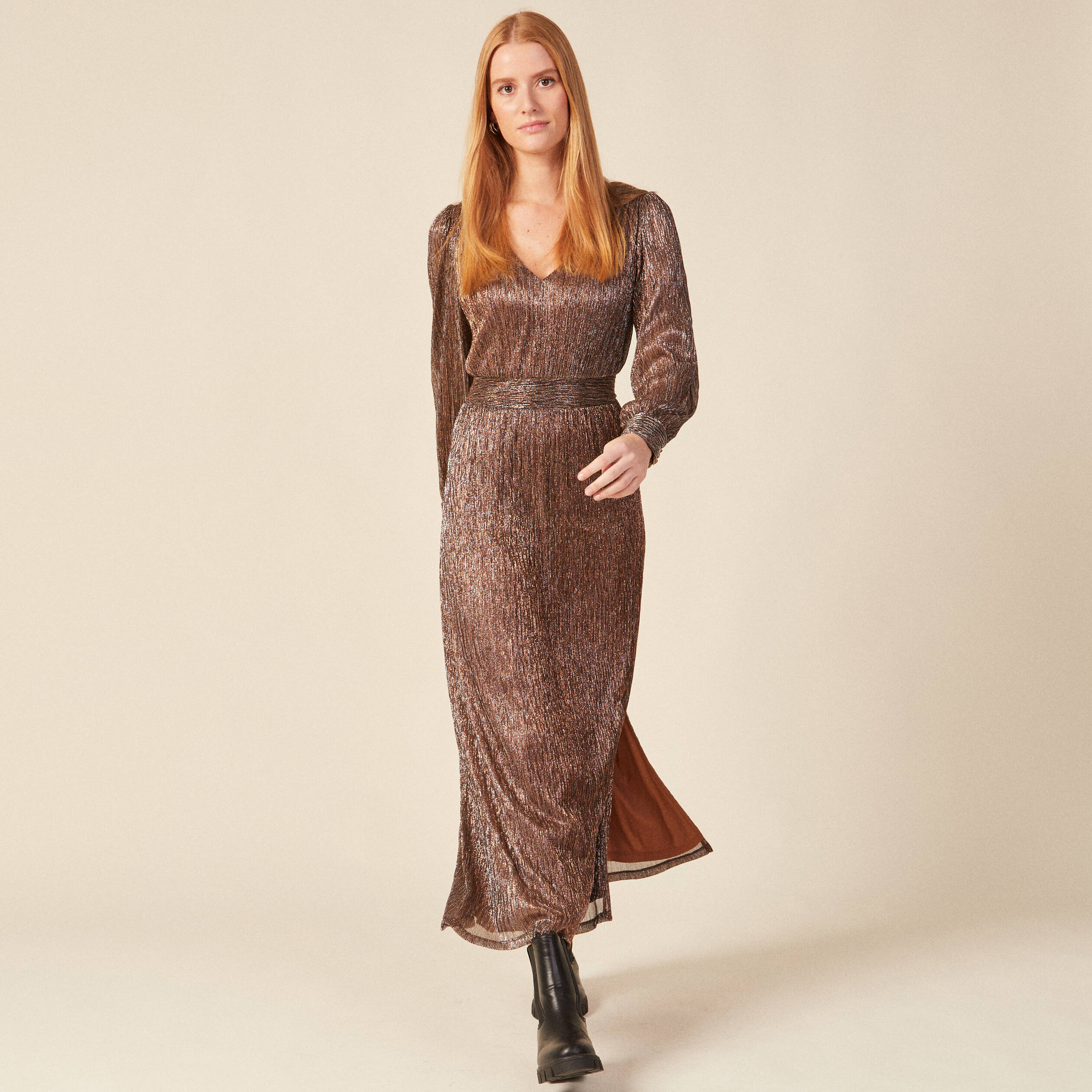 robe longue evasee col en v marron cognac femme Robe longue évasée col en V marron cognac femme