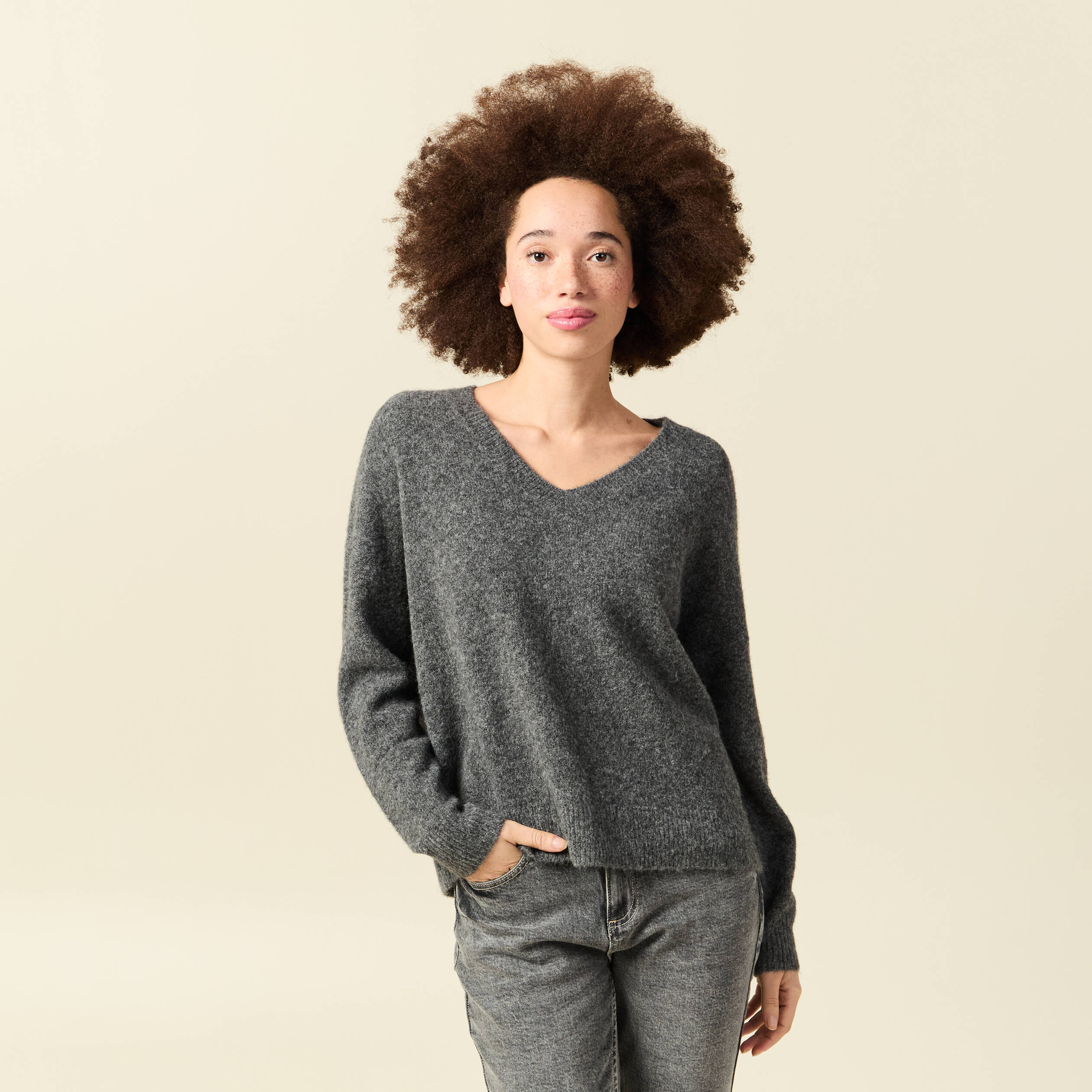 Sweat Zippé Oversize Femme Col V – Pull Ample Manches Longues Sans Capuche, Tendance Grande Taille Confortable