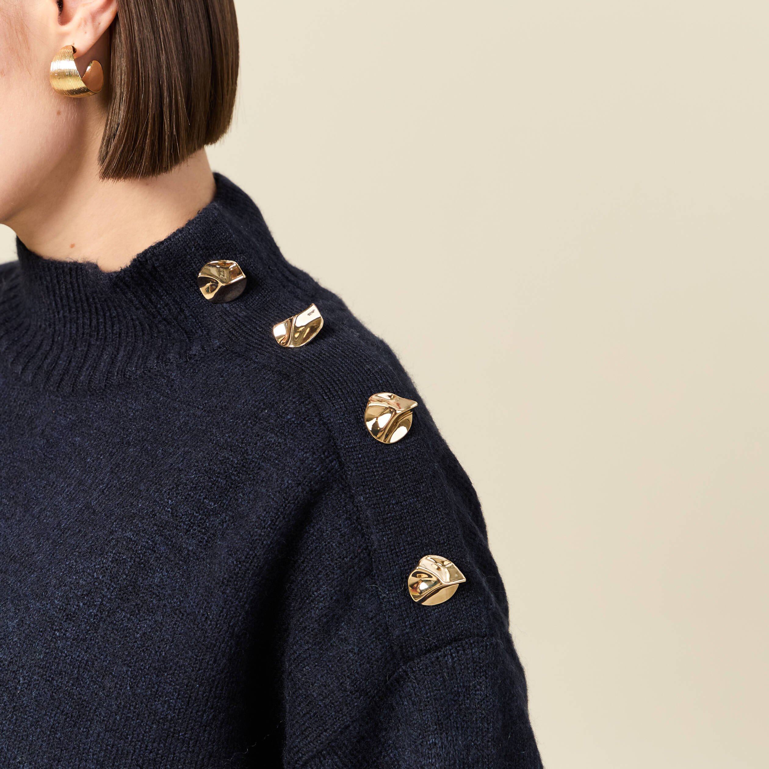 Pull col montant manches longues bleu marine femme