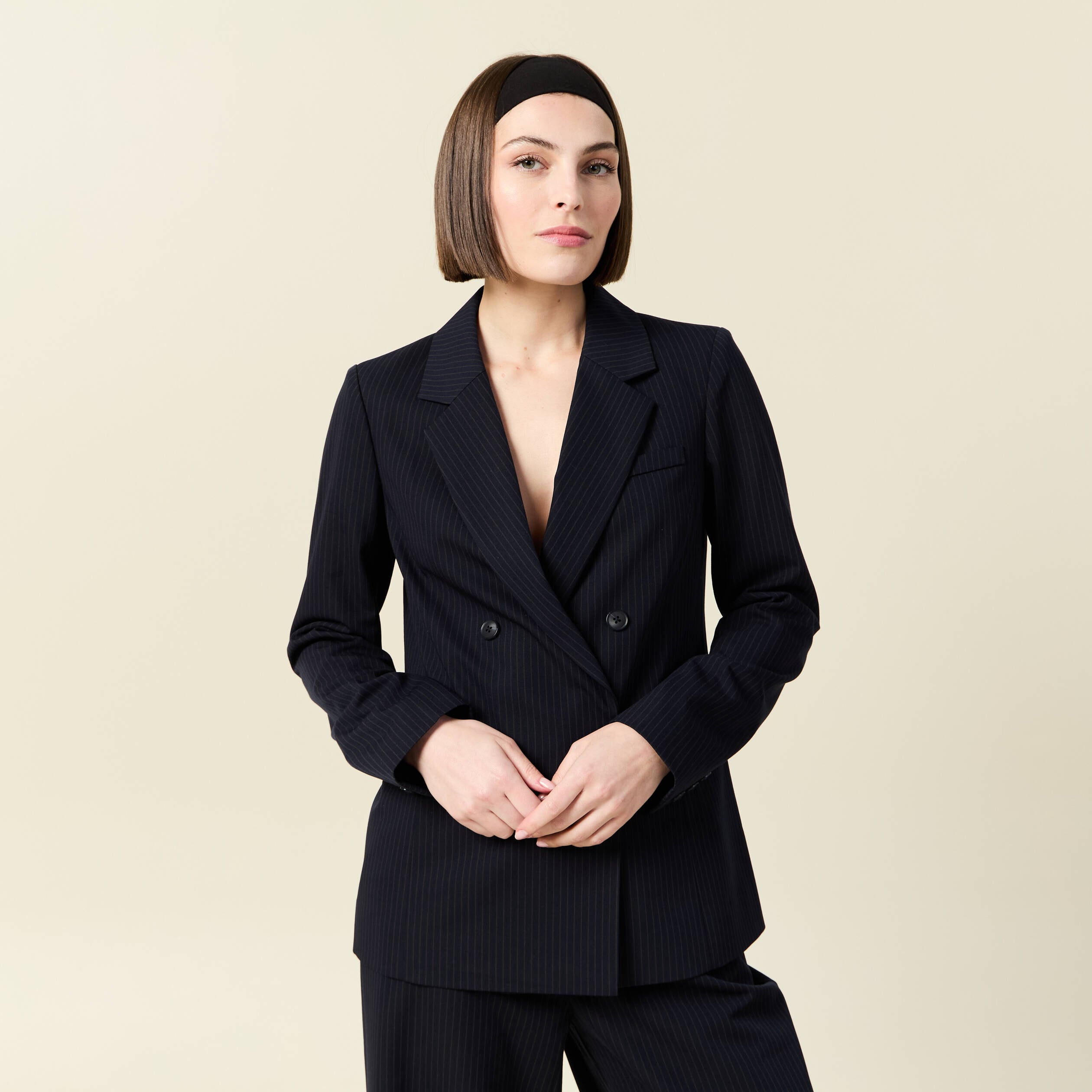 Blazer manches longues col tailleur bleu marine femme
