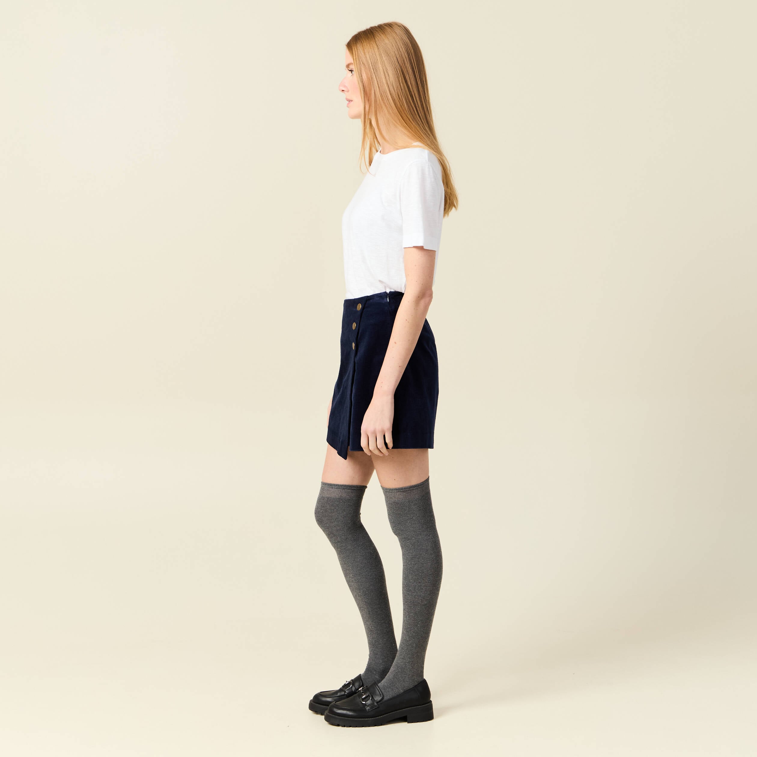 Jupe-short taille haute en velours bleu marine femme