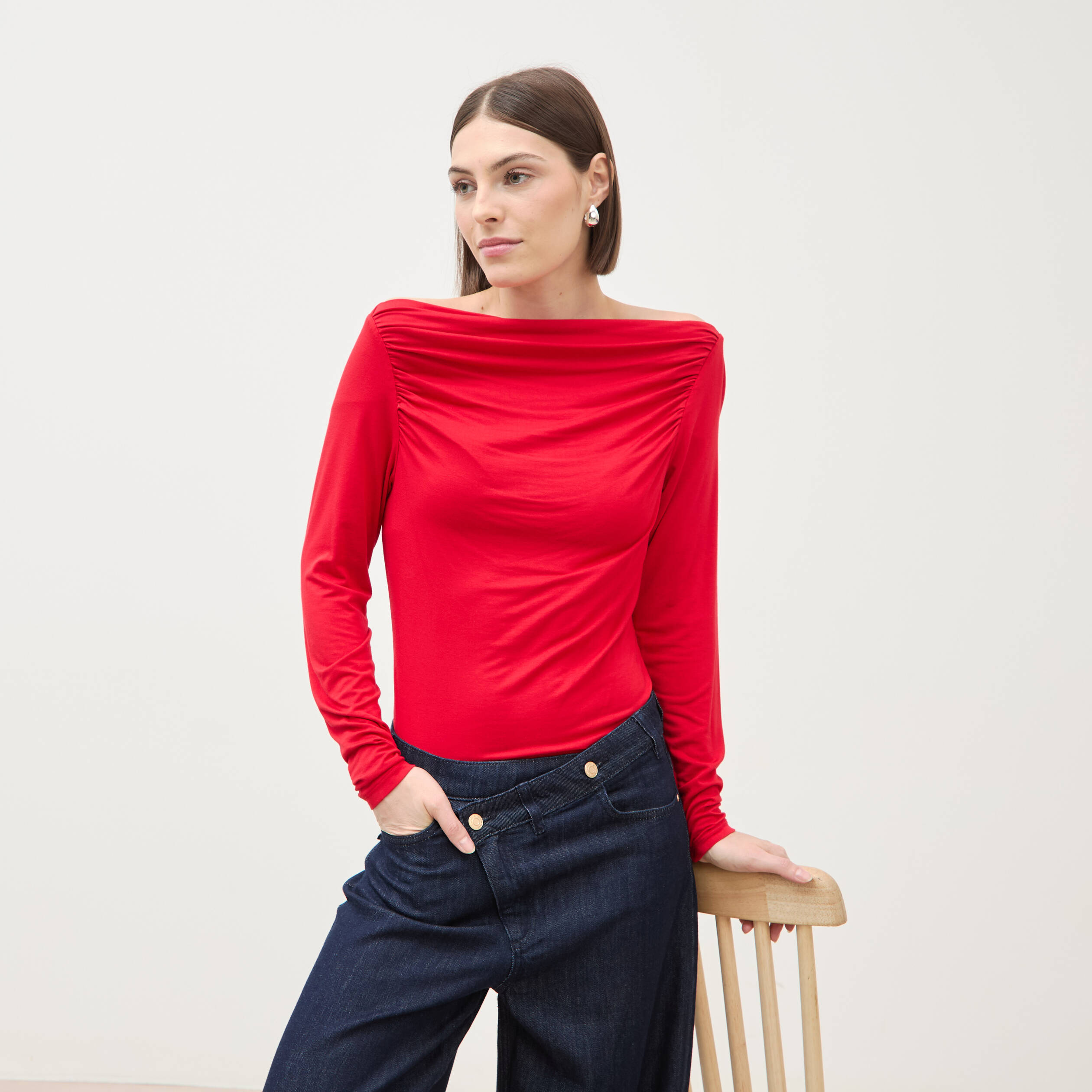 T-shirt ajust&eacute; manches longues bardot rouge femme