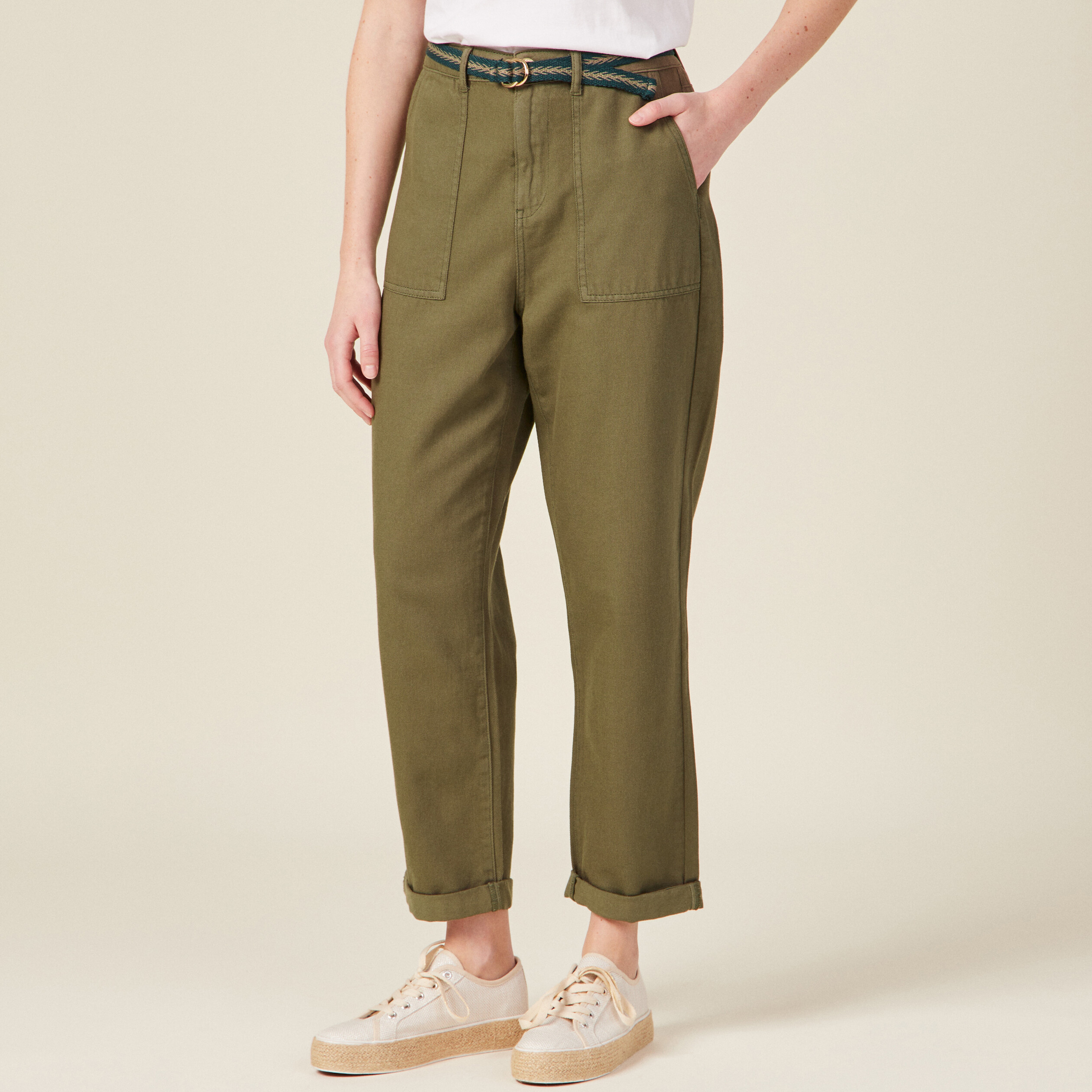 pantalon large ceinture vert kaki femme Pantalon large ceinturé vert kaki femme