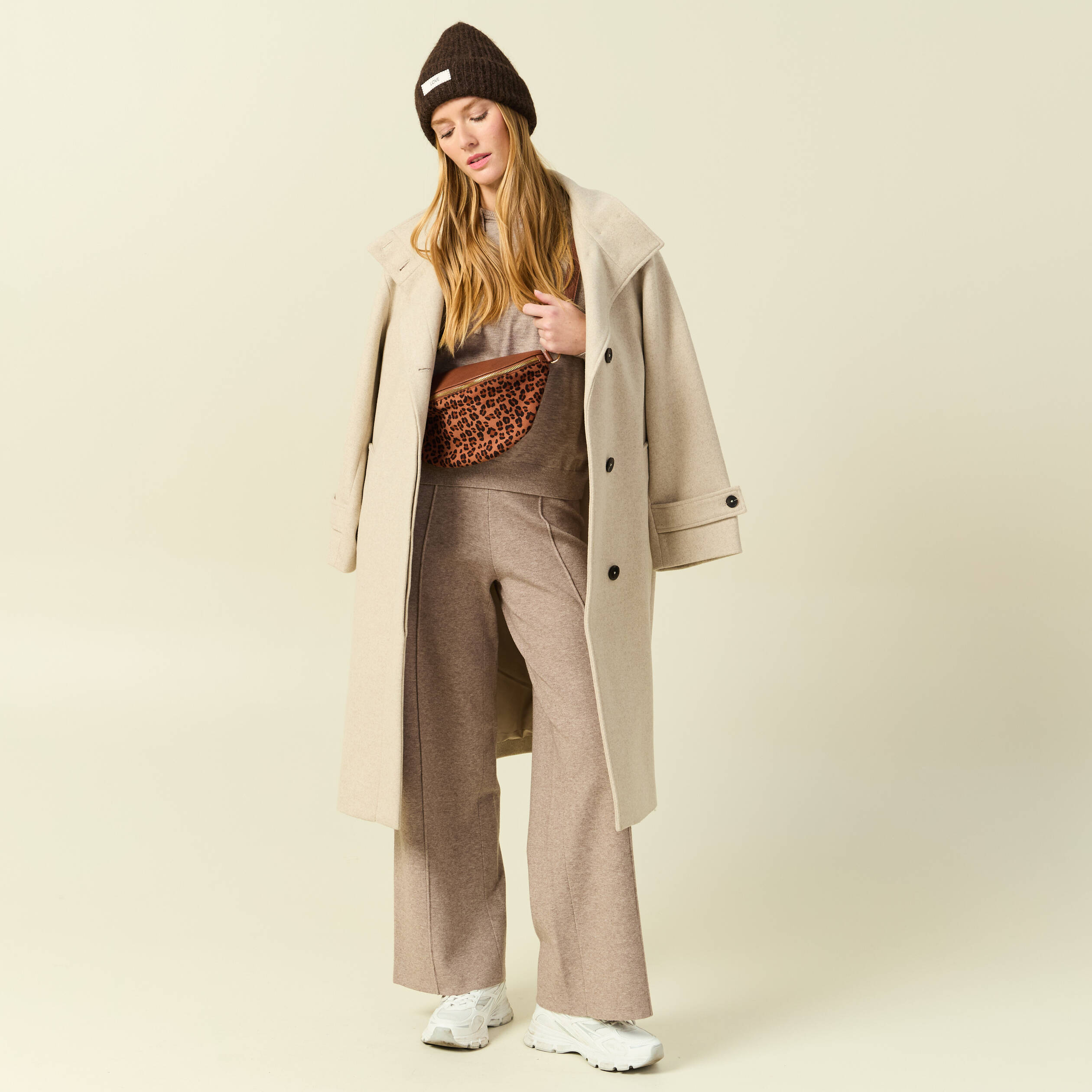 Pantalon large taille haute en maille vieux rose femme | Vibs