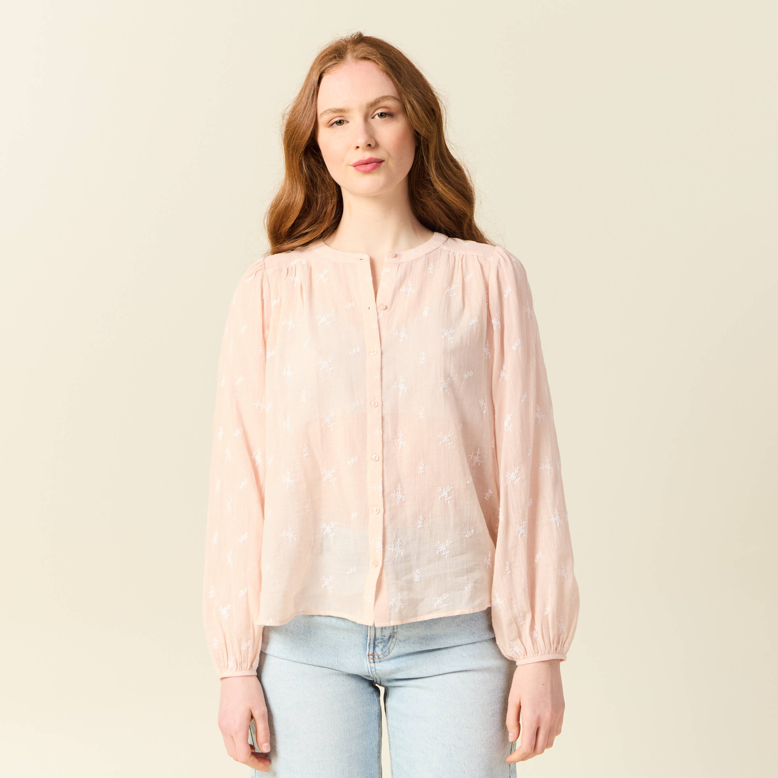 blouse manches longues brodee rose poudree femme Blouse manches longues brodée rose poudrée femme
