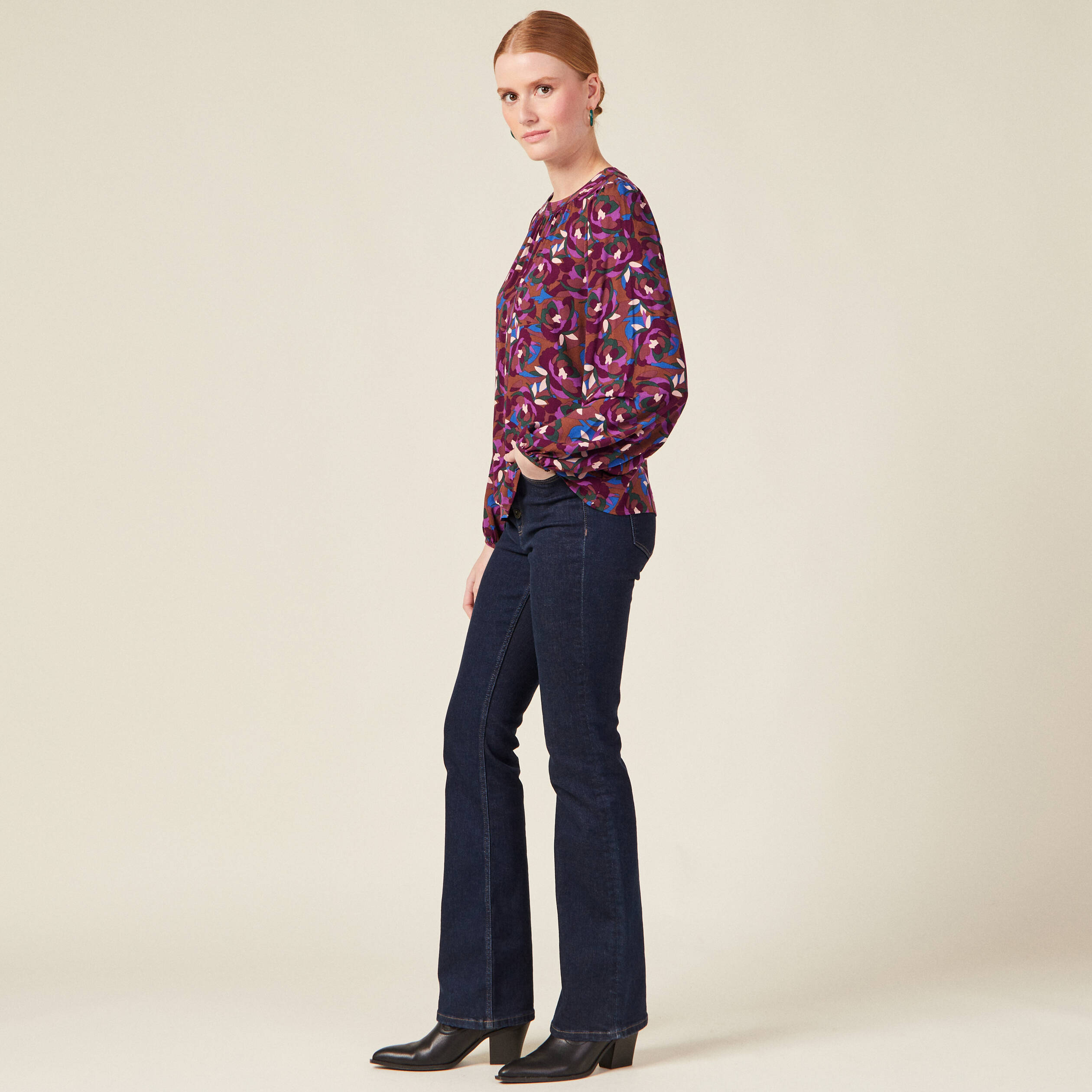 Blouse manches longues col rond marron femme