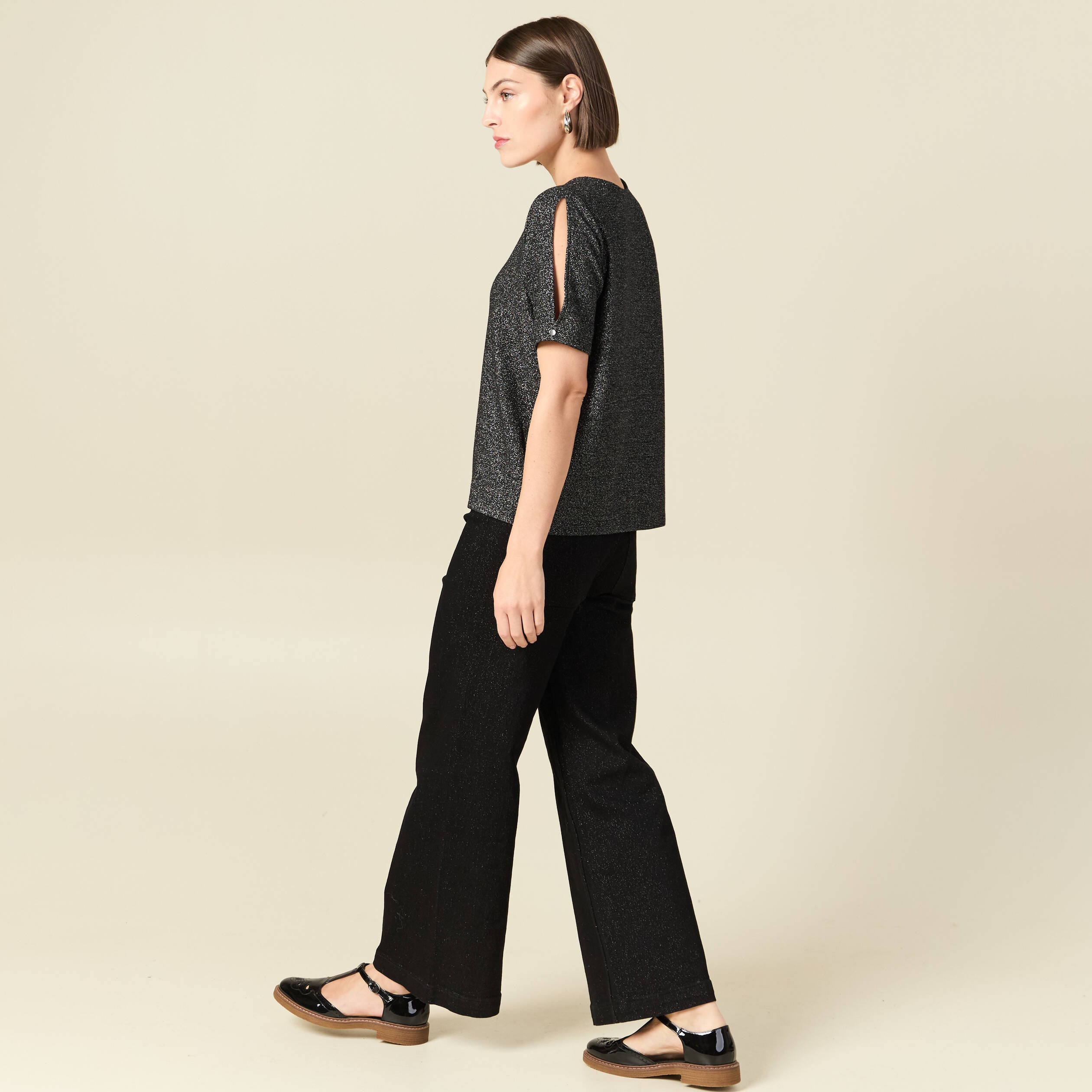 T-shirt manches courtes brillant noir femme