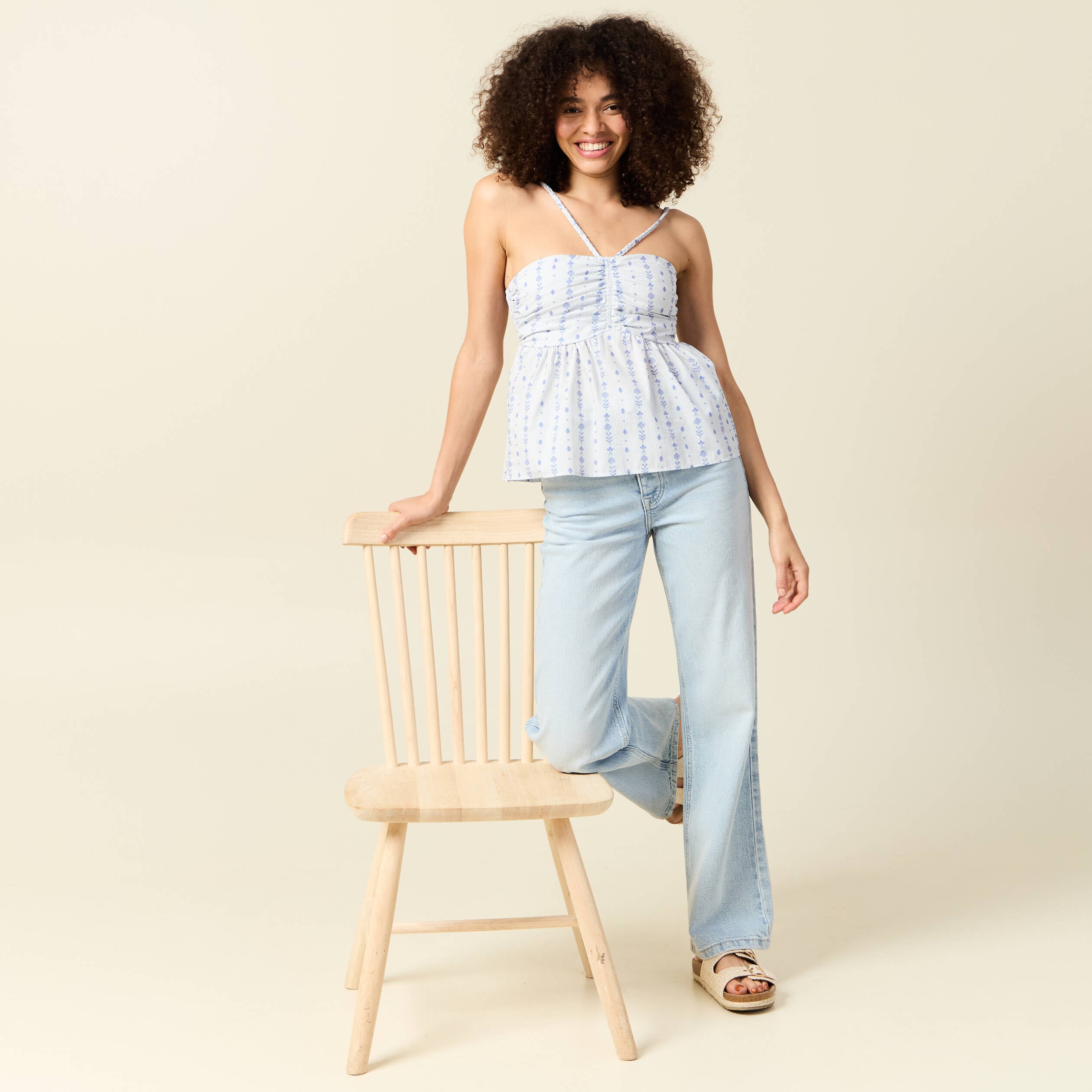 Top col droit &agrave; bretelles en coton bleu clair femme