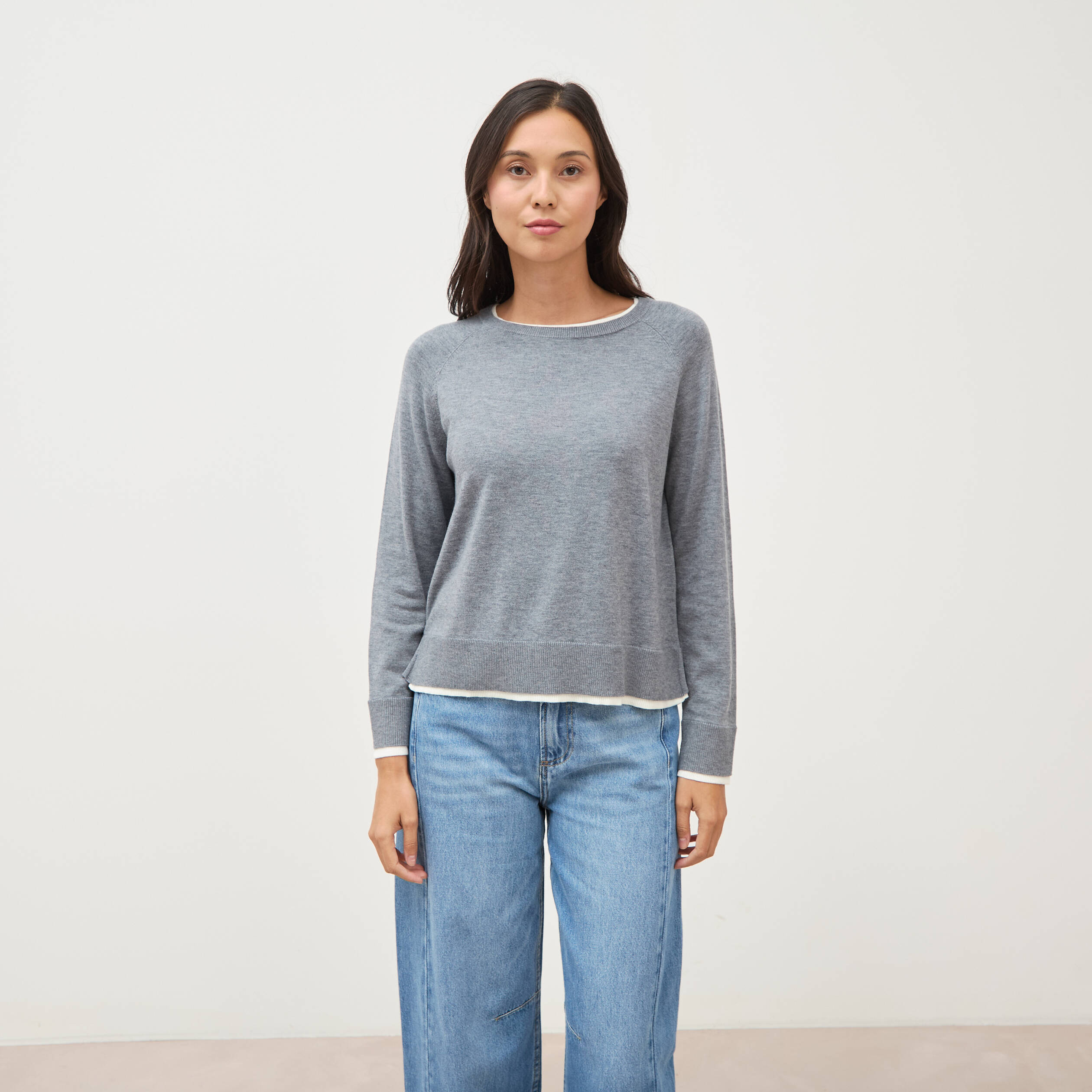 Pull droit col rond manches longues gris clair femme