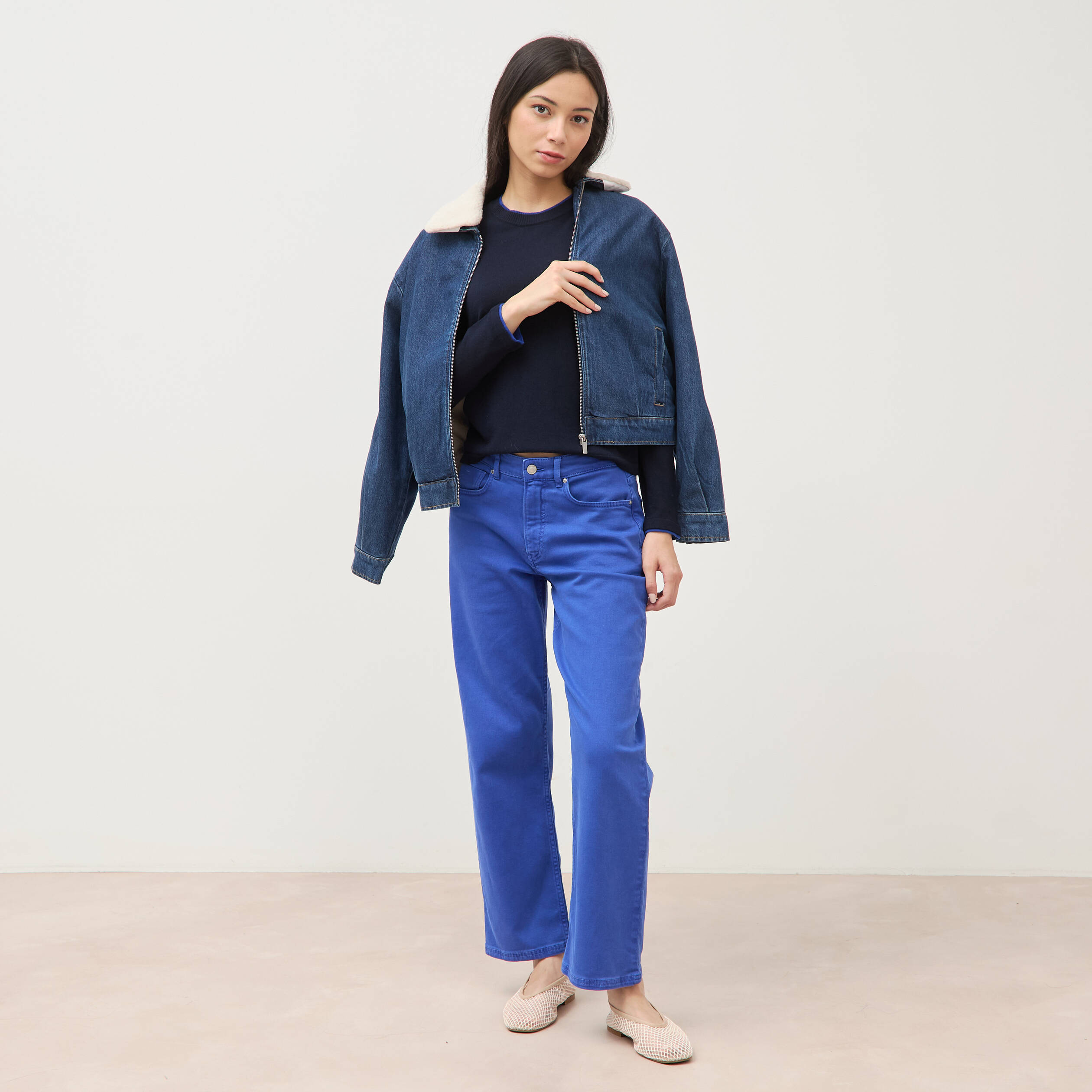 Pull fin col rond manches longues bleu fonc&eacute; femme