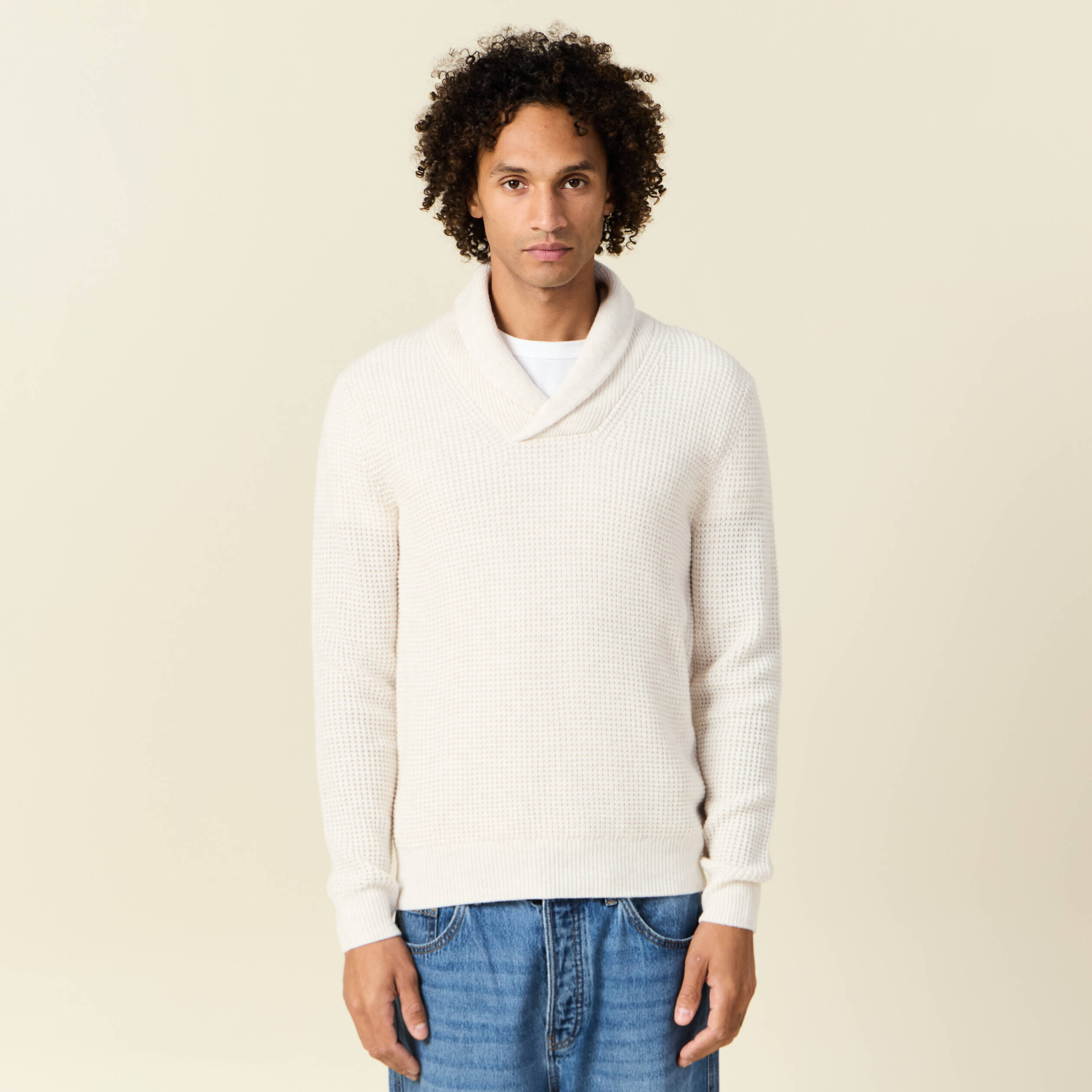 Pull manches longues col ch&acirc;le ecru homme