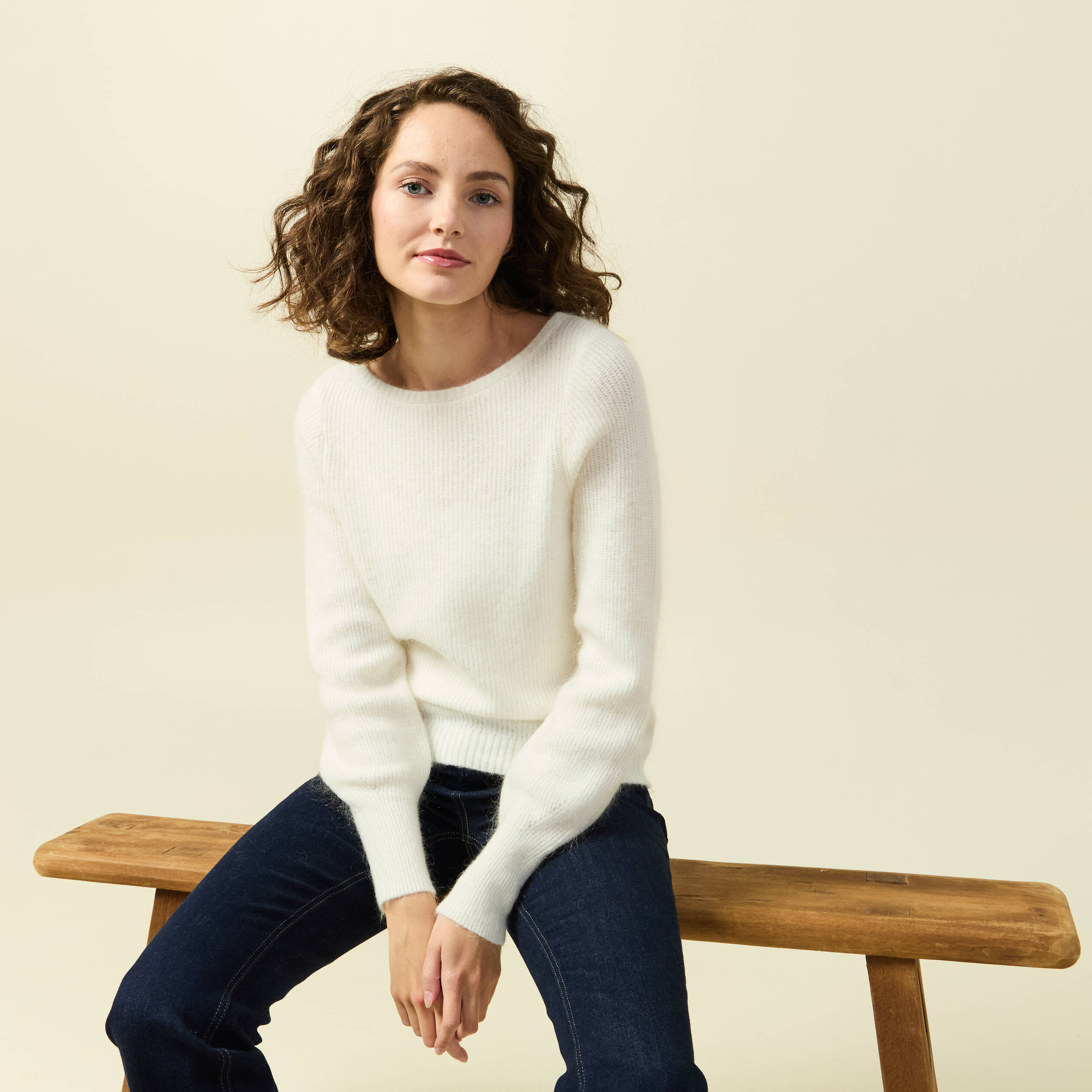 Pull col bateau manches longues ecru femme