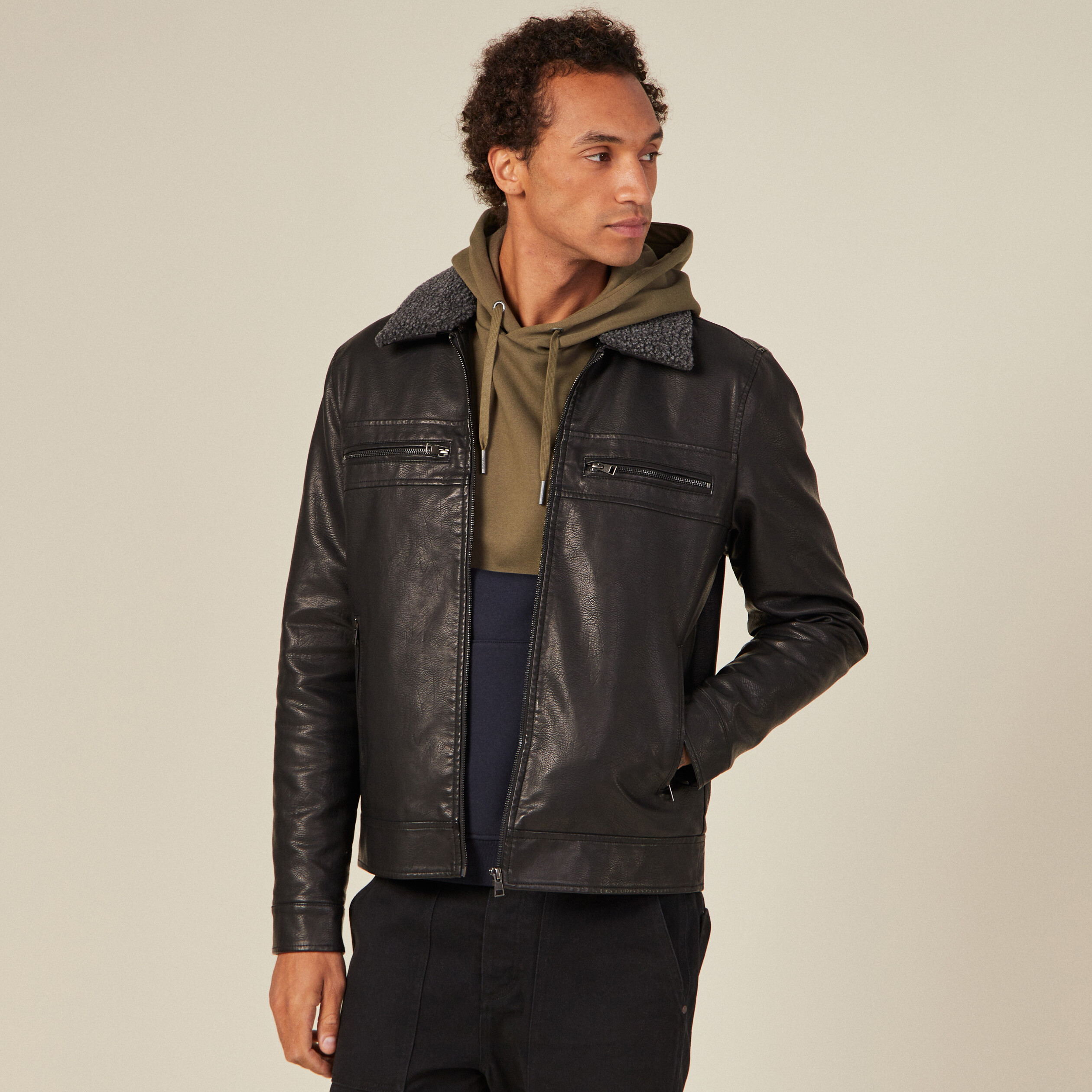 Blouson droit col aviateur noir homme