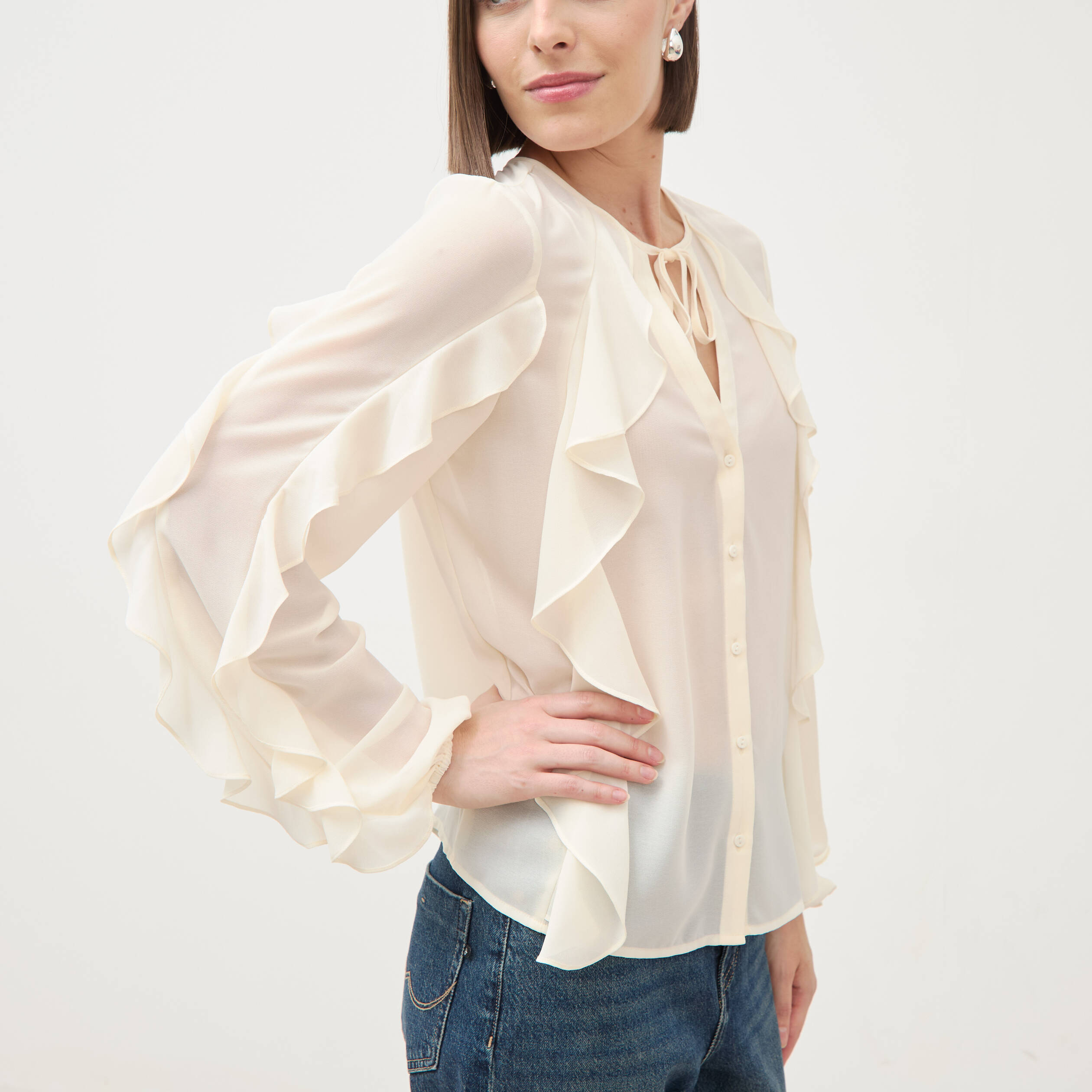 Chemise manches longues col rond ivoire femme