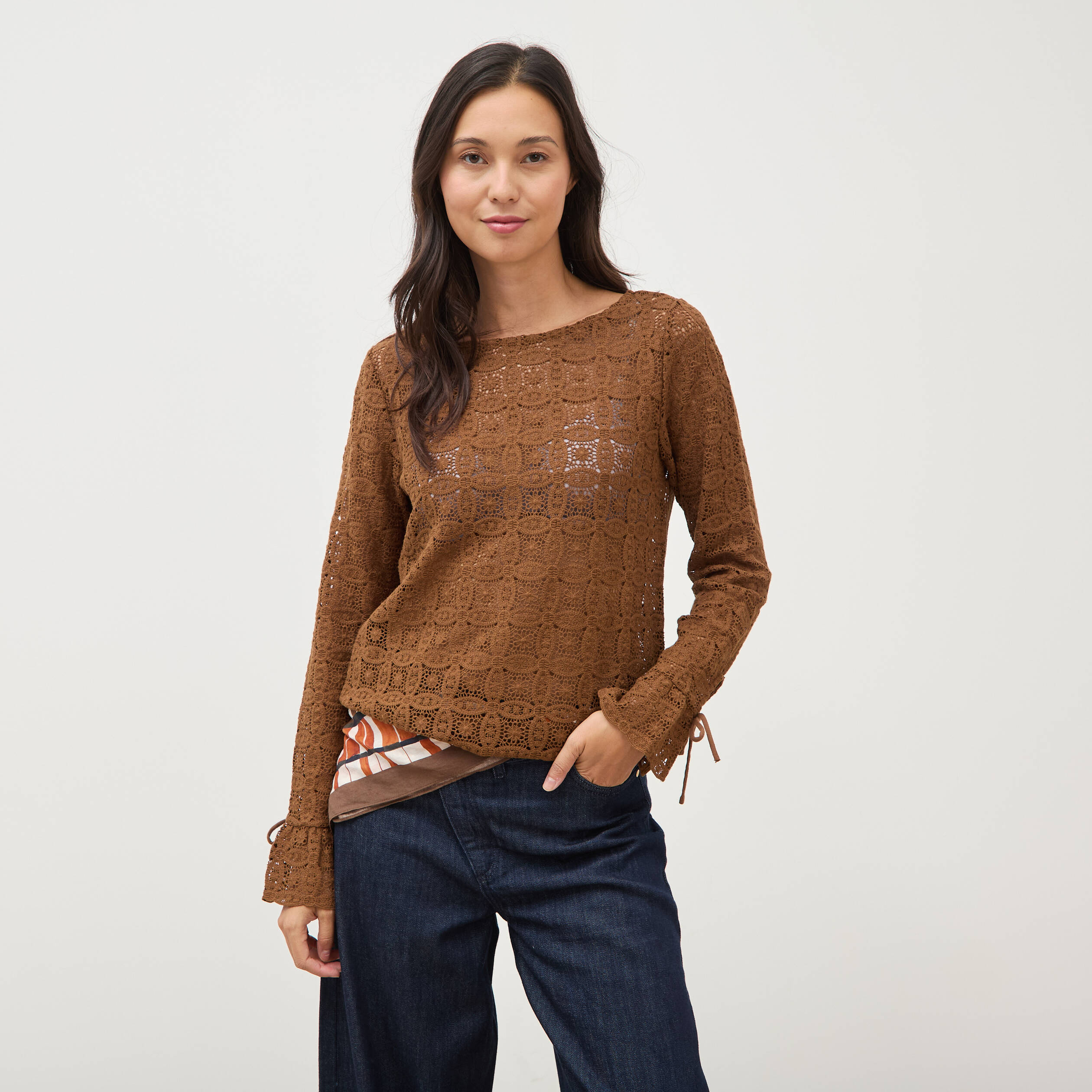 T-shirt manches longues en dentelle marron femme