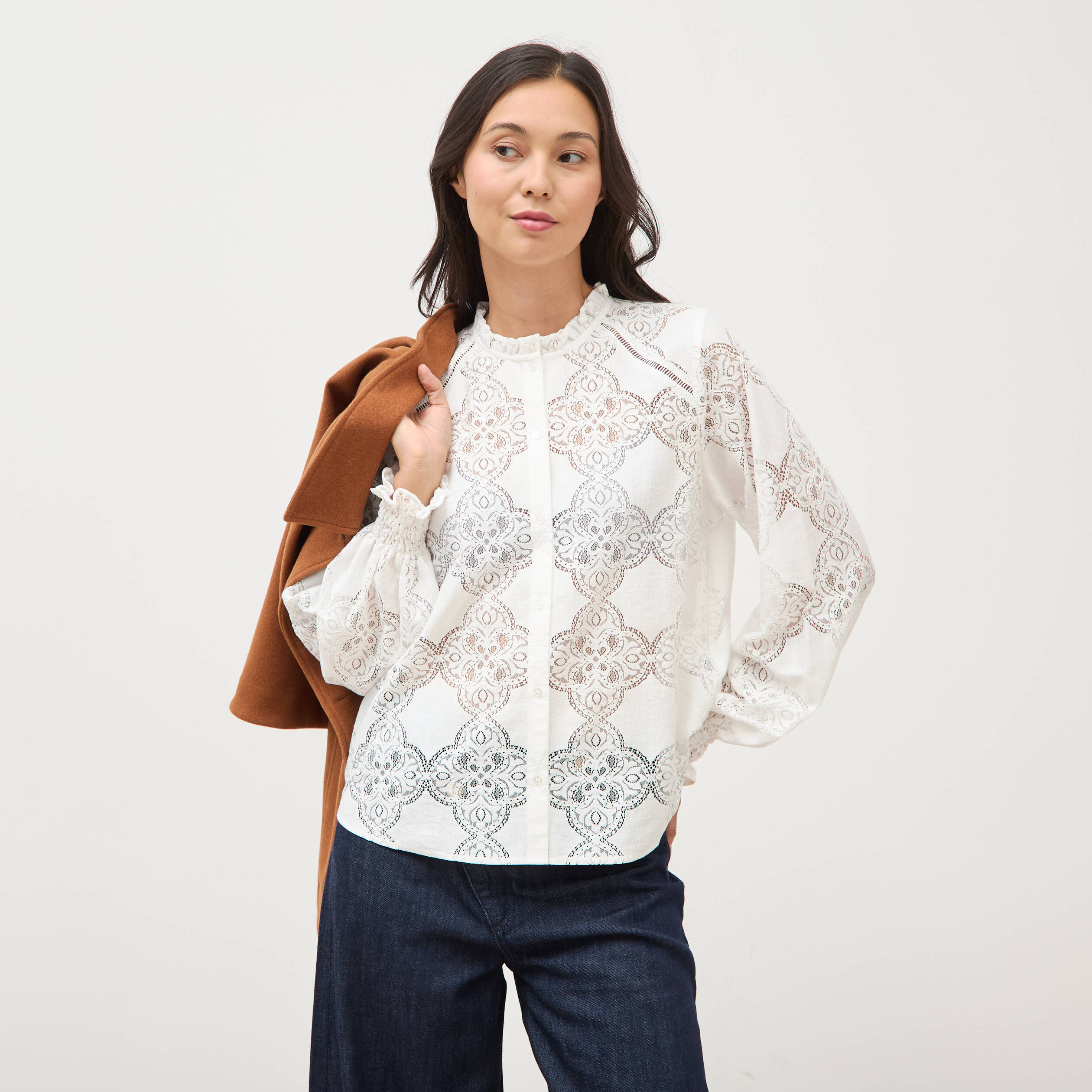 Chemise en dentelle manches longues ecru femme
