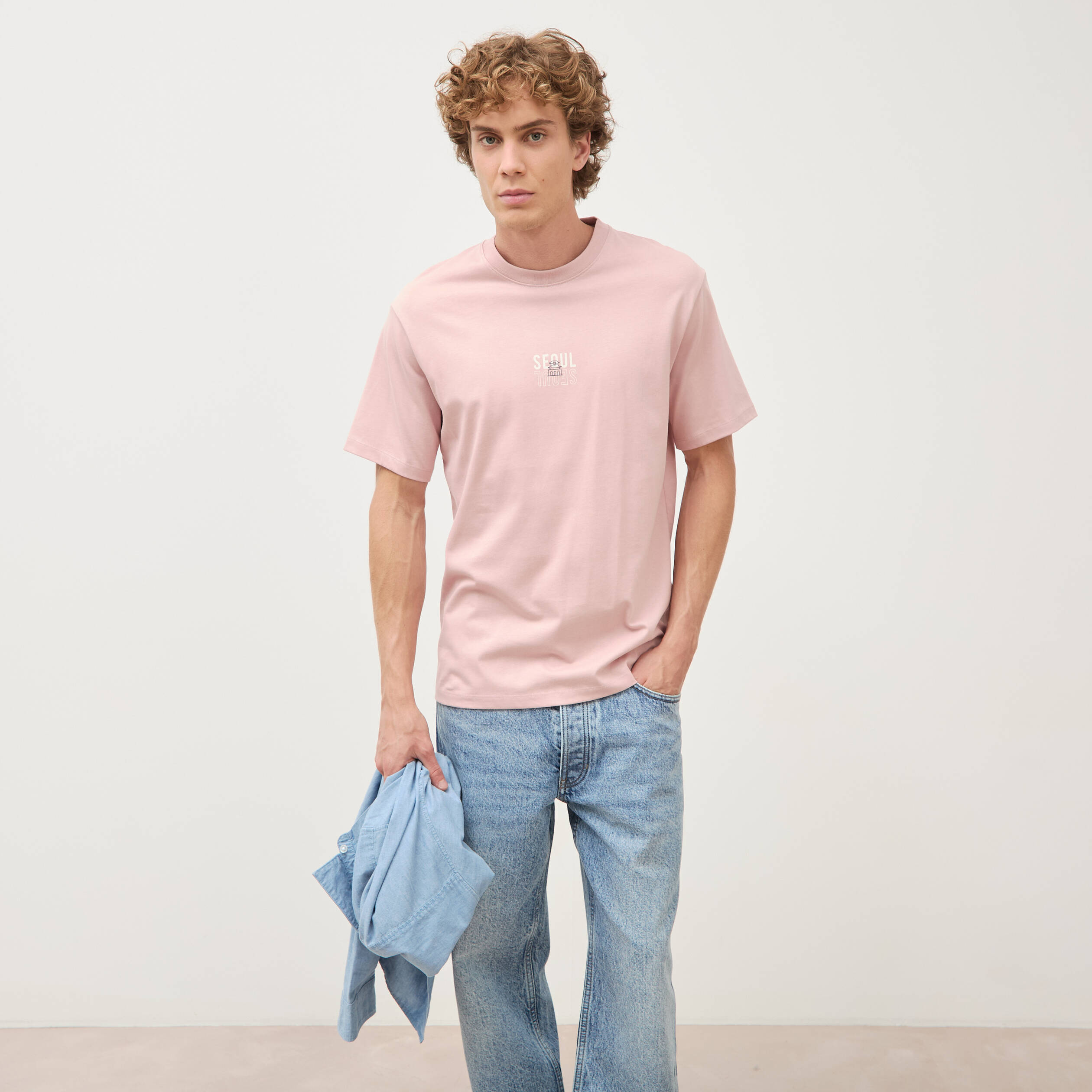 T-shirt droit en coton col ras du cou rose pastel homme