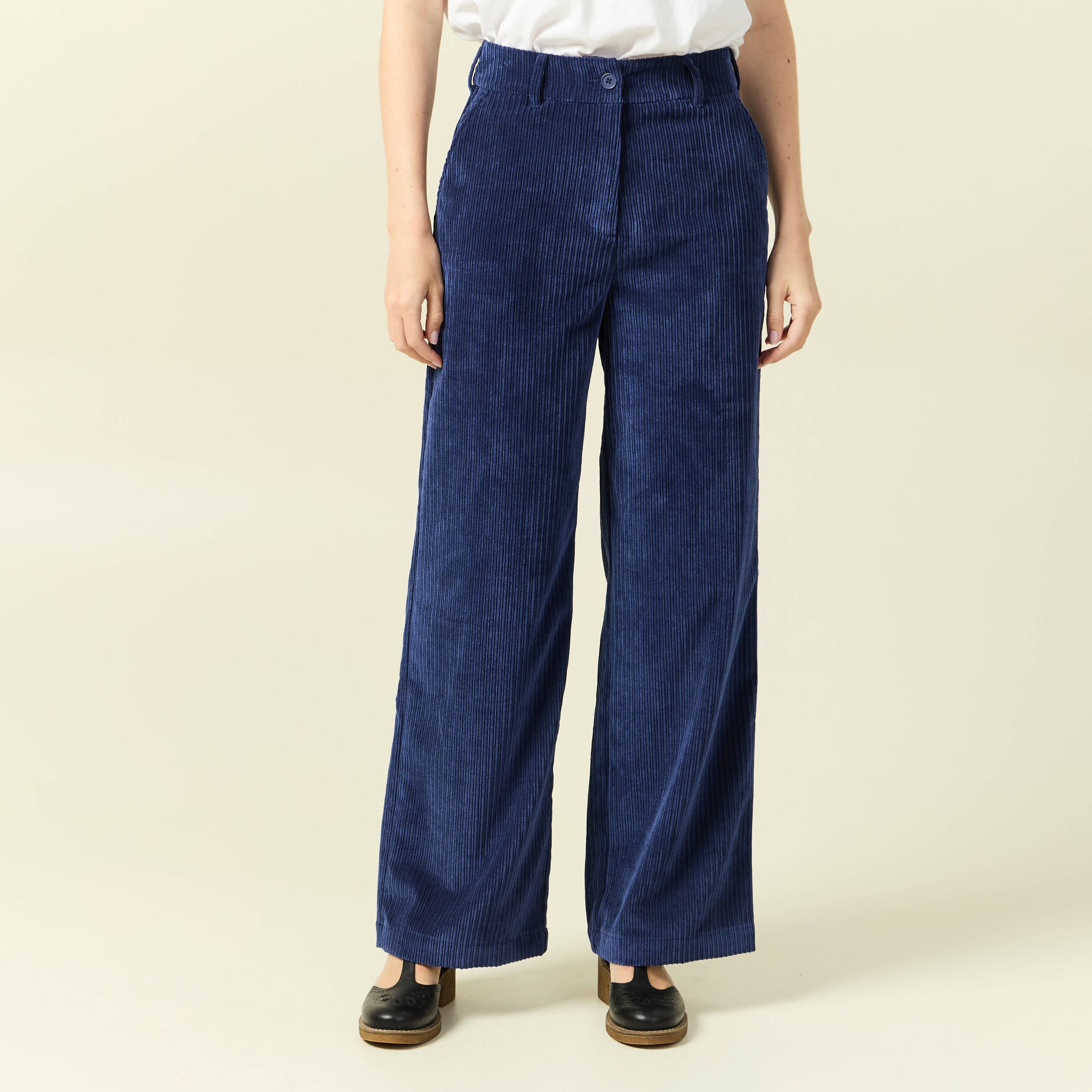 Pantalon large taille haute en velours bleu marine femme