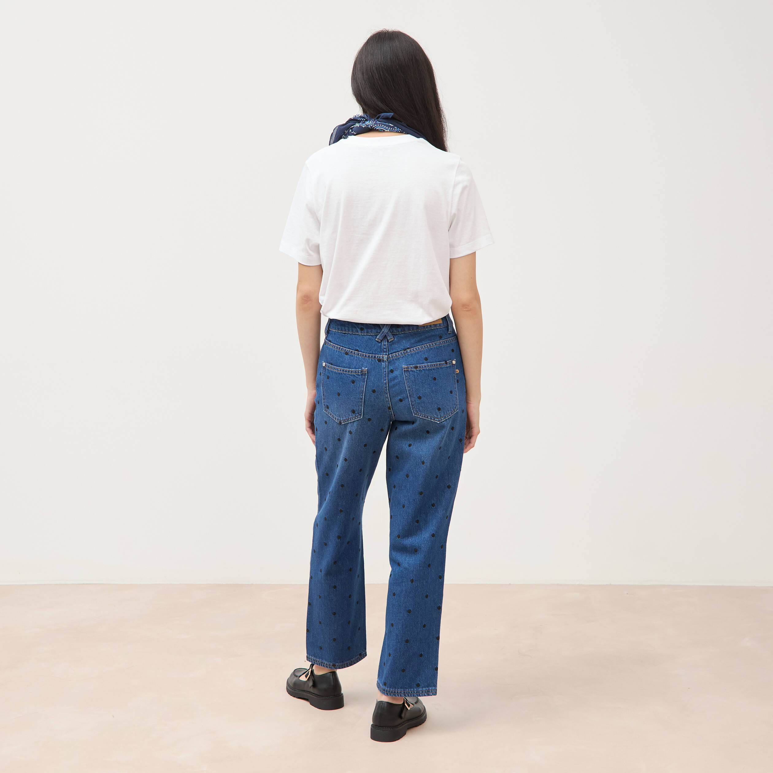 Jeans straight taille haute broderie bleu clair femme