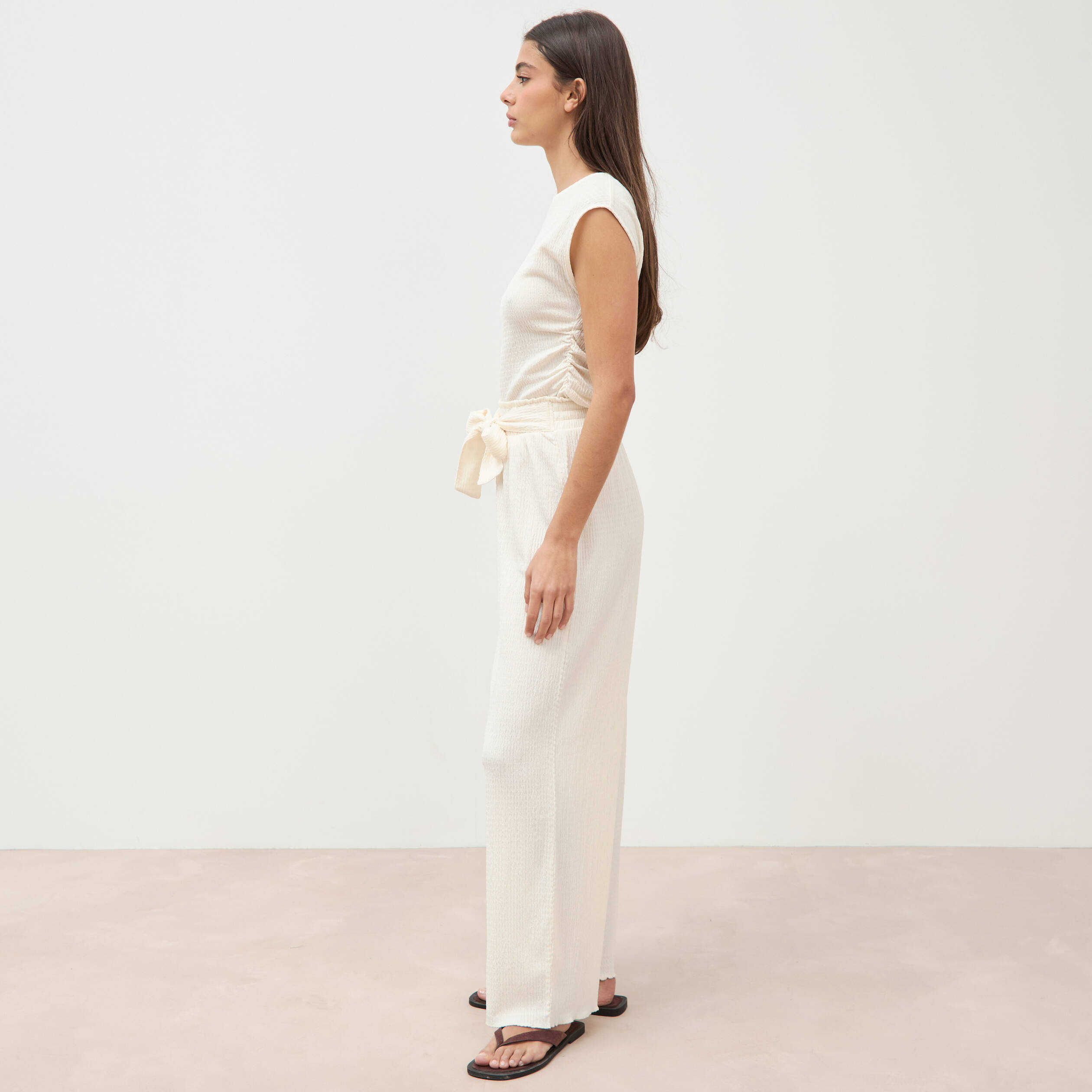 Pantalon loose avec ceinture creme femme