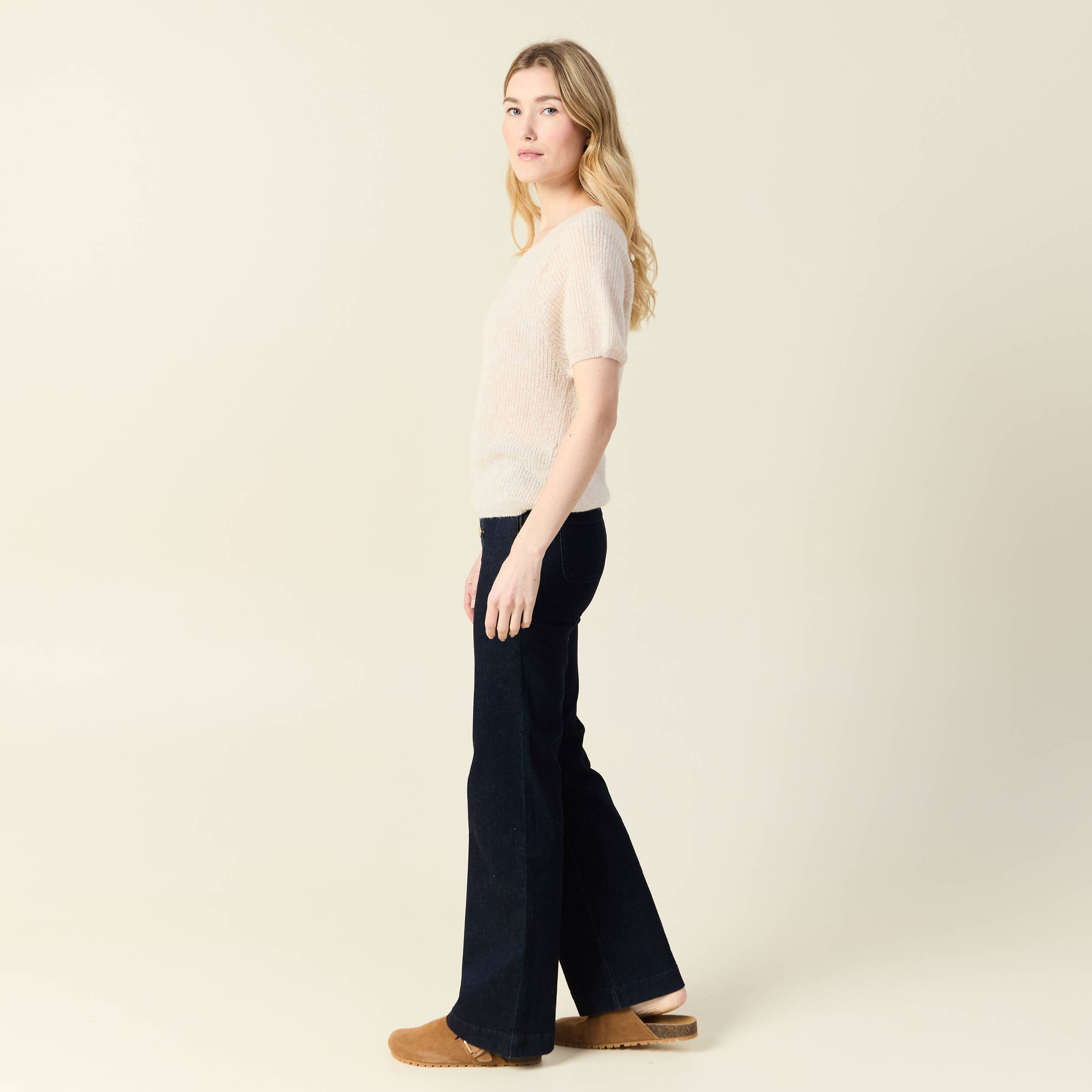 Pull manches courtes fabriqu&eacute; en France creme femme