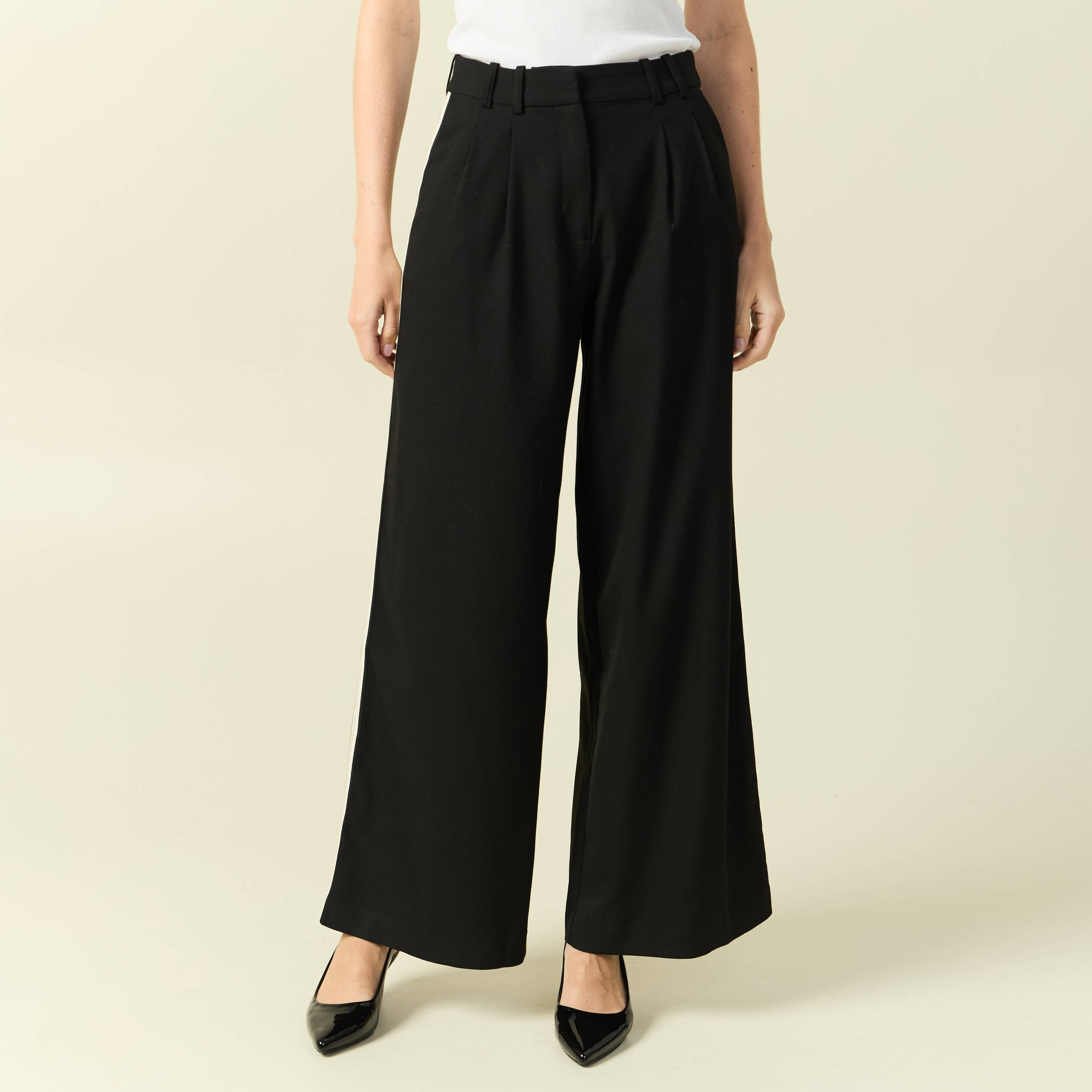 Pantalon large taille haute noir femme