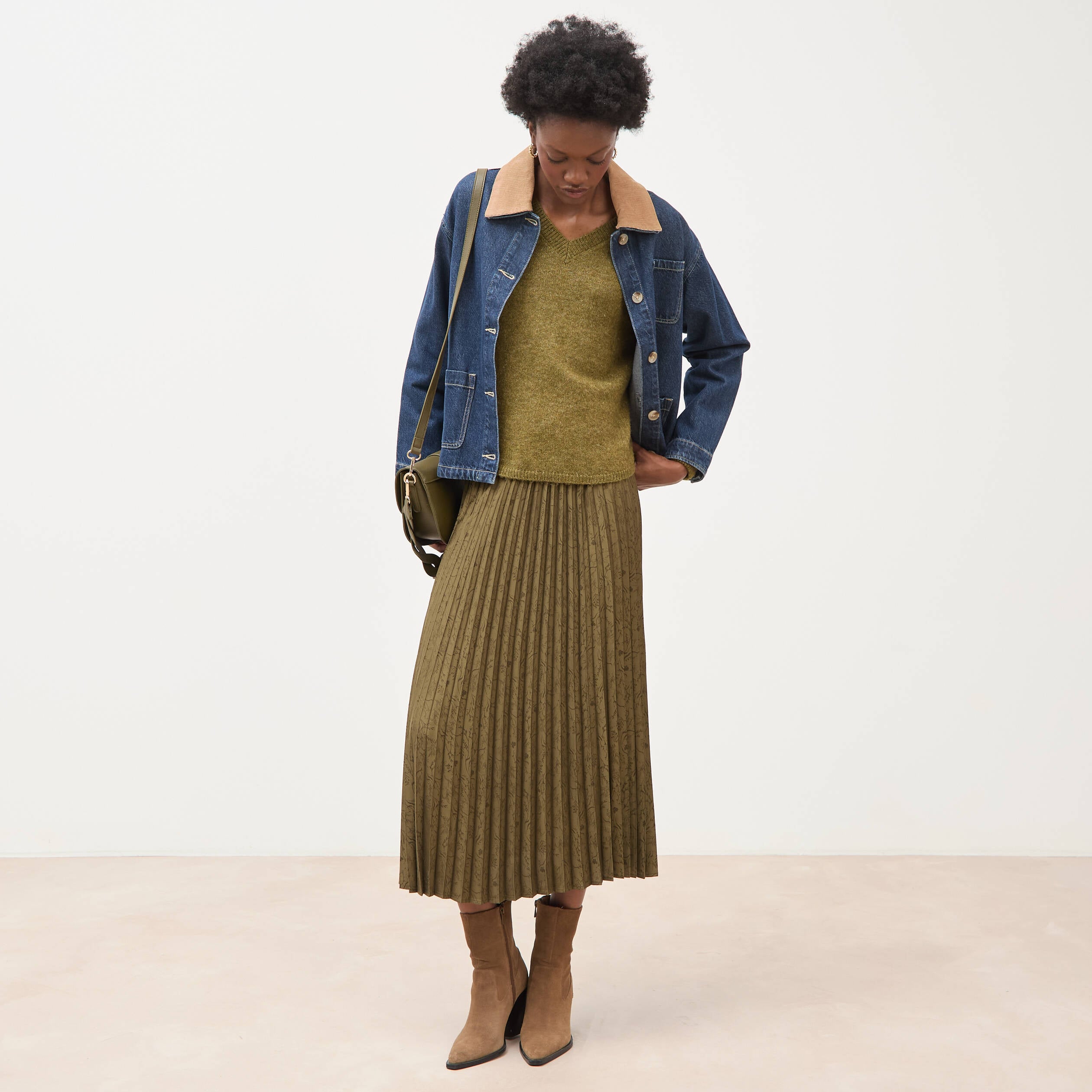 Pull droit col v manches longues vert kaki femme