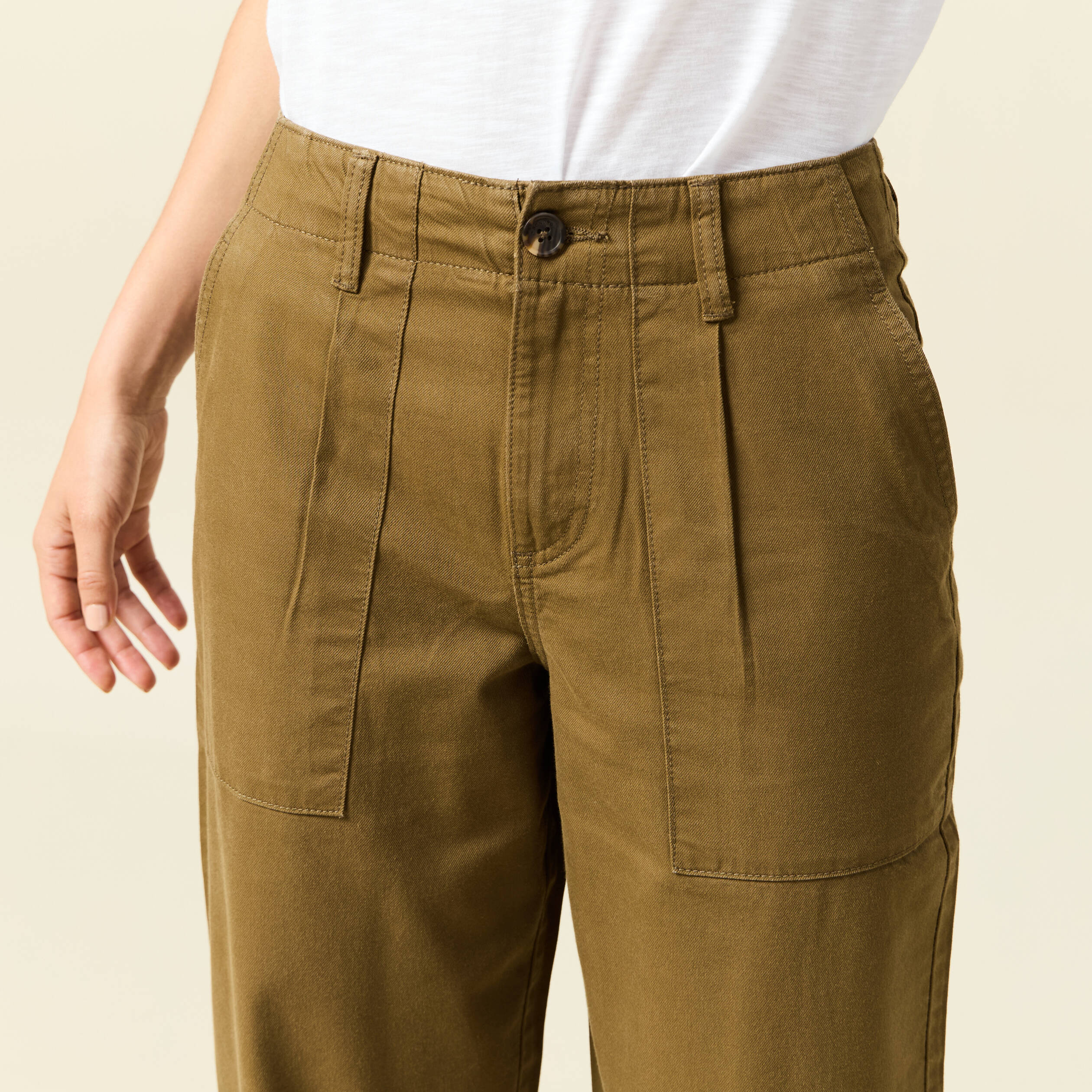 Jeans barrel taille haute 7/8&egrave;me vert kaki femme