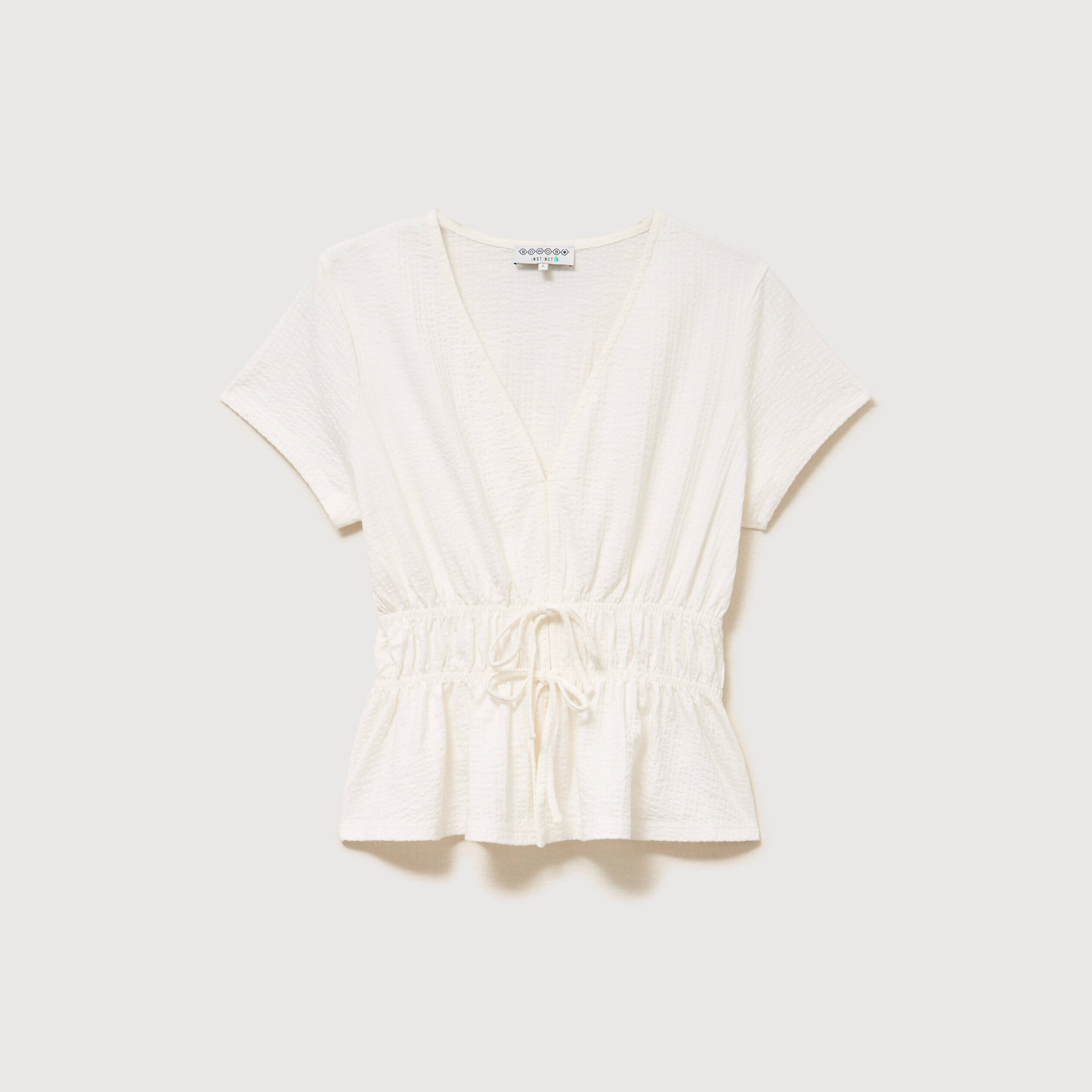 Blouse cintr&eacute;e col v manches courtes ecru femme