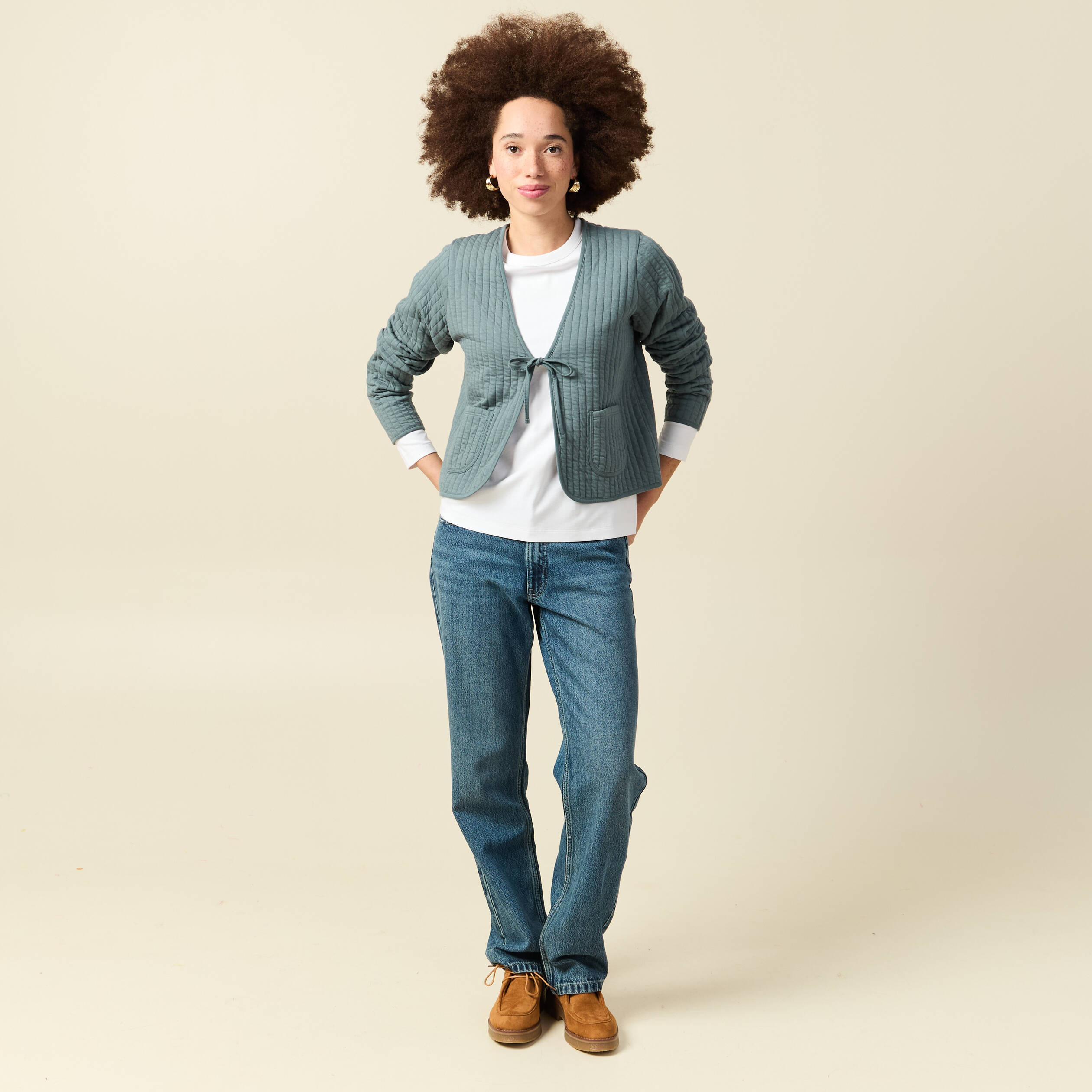 Cardigan droit court manches longues vert canard femme