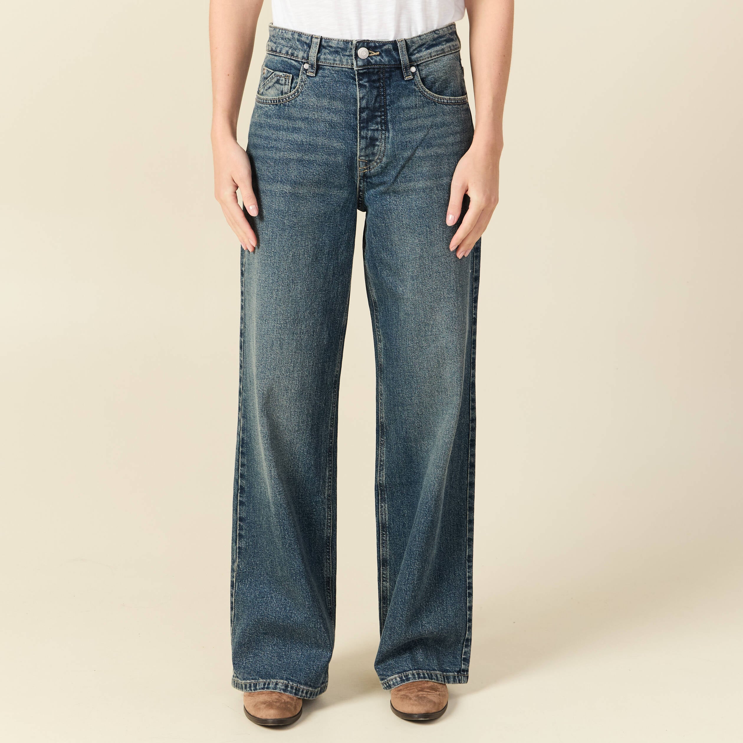 Jeans large taille haute bleu femme